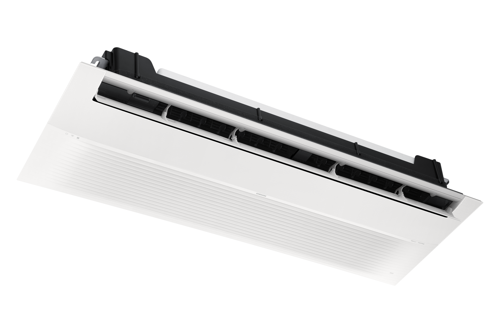 가정용 무풍 시스템에어컨 121.9㎡ 4실 (거실용 Infinite Line) 전원이 켜져 있는 인피니트 시스템에어컨 실내기 좌측 15도