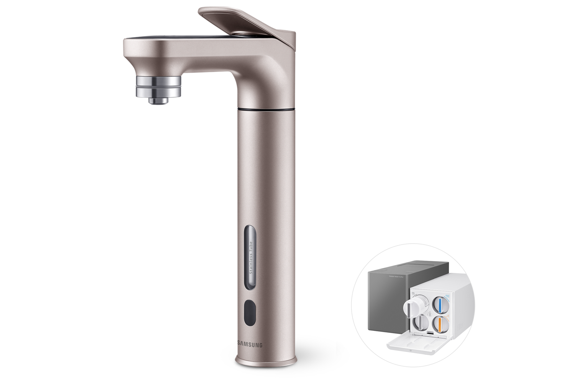 Bespoke 정수기 메인 파우셋 (냉/온/정수) 알루 로즈골드 파우셋 우측면+본체