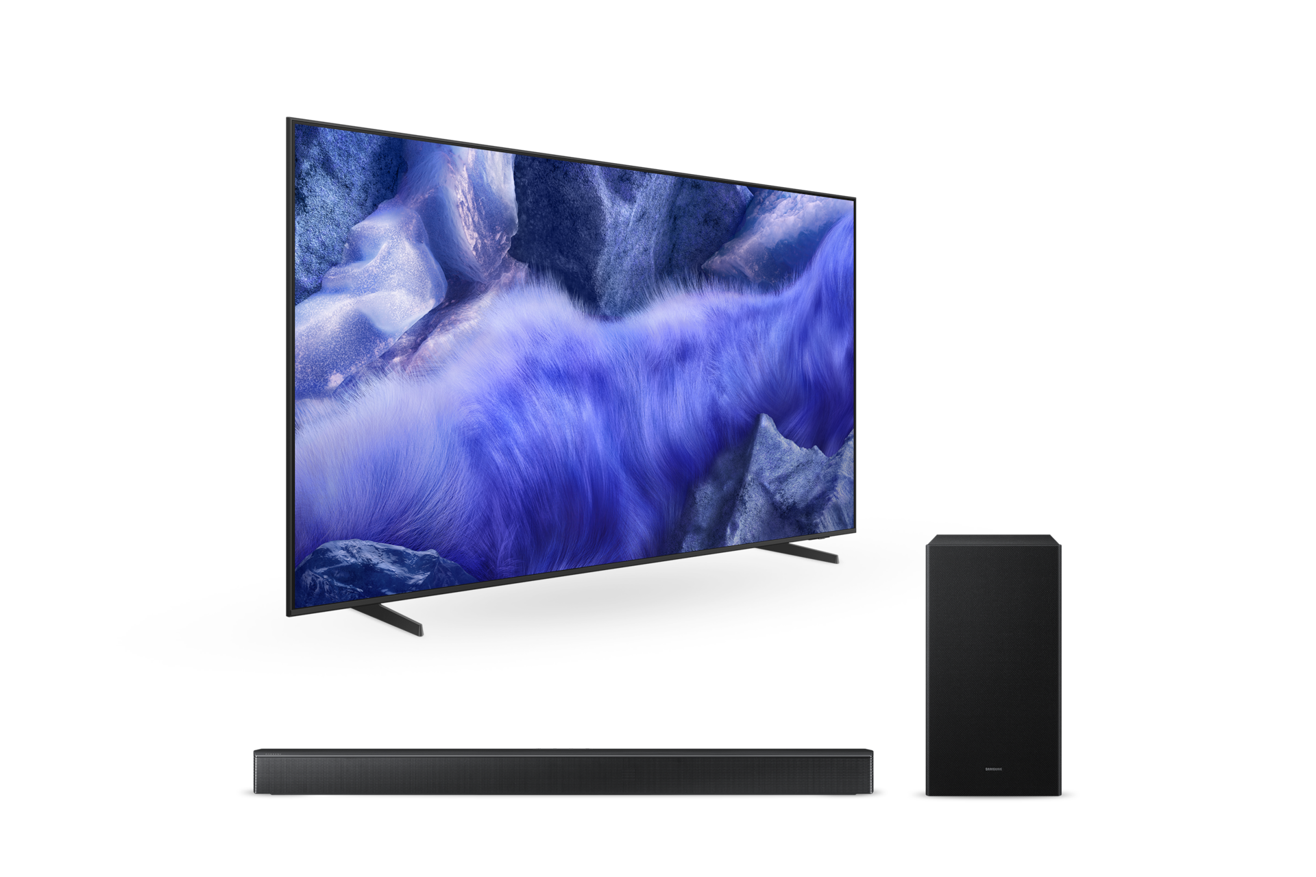 2025 QLED 4K QFE1 (163cm) 스탠드형 우측 45도+3.1ch 사운드바 B650F 정면 페어이미지