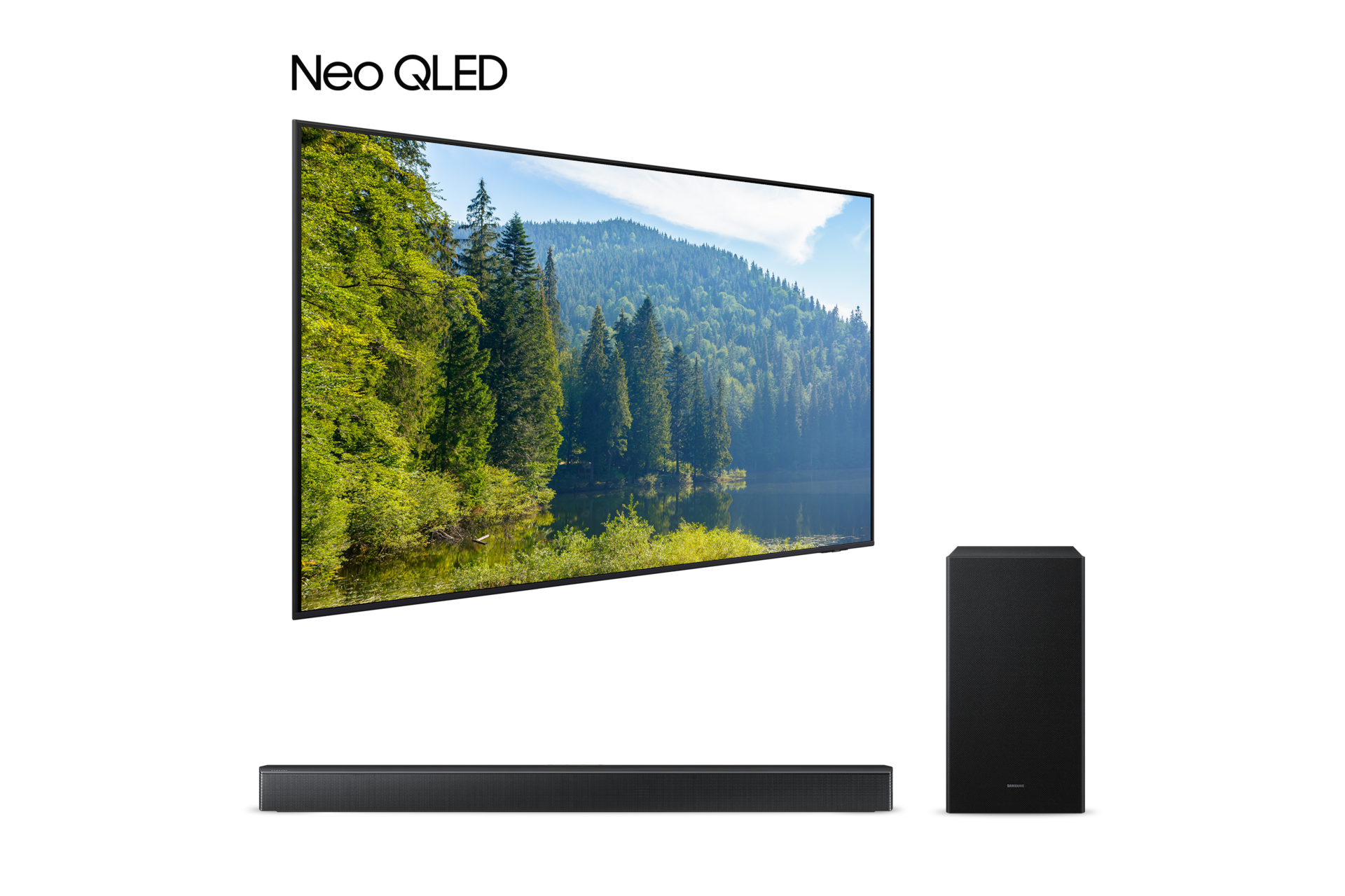 2025 Neo QLED QNF70 (189cm) 풀 모션 슬림핏 벽걸이형 우측 45도+3.1ch 사운드바 B650F 정면 페어이미지