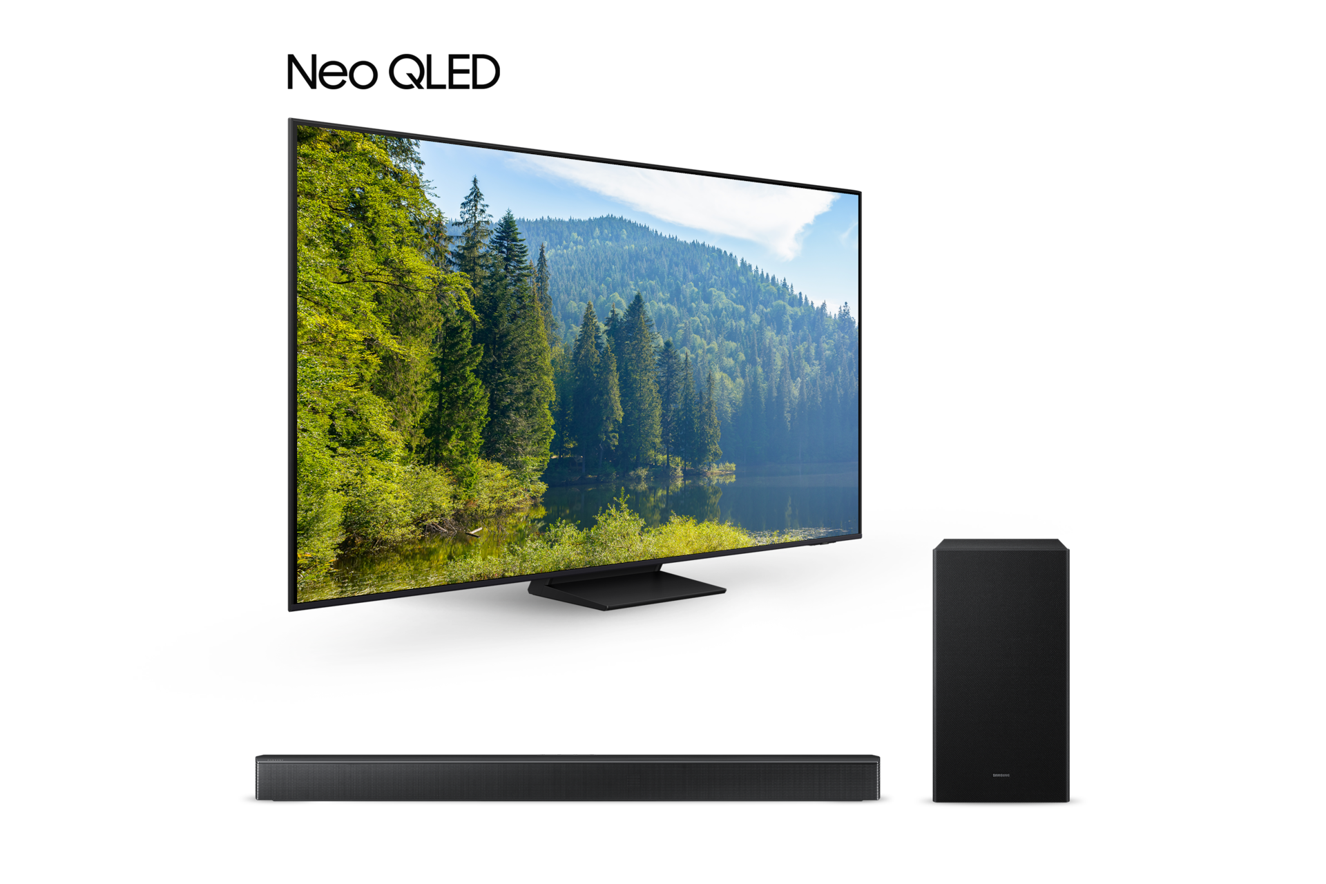 2025 Neo QLED QNF70 (189cm) 스탠드형 우측 45도+3.1ch 사운드바 B650F 정면 페어이미지