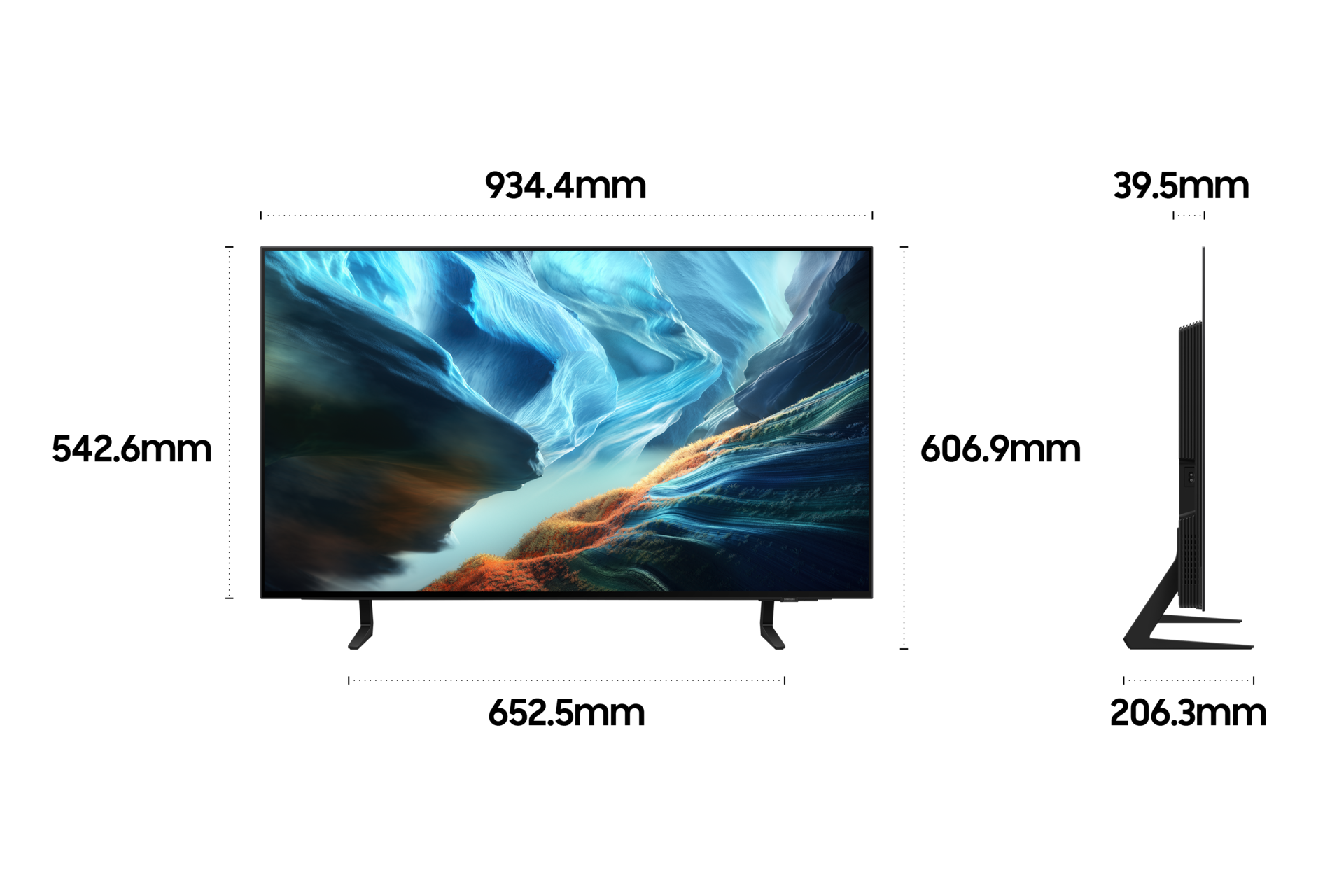 2026 OLED SH90 (105cm) 스탠드형 상세사이즈가 기재된 디멘션 컷