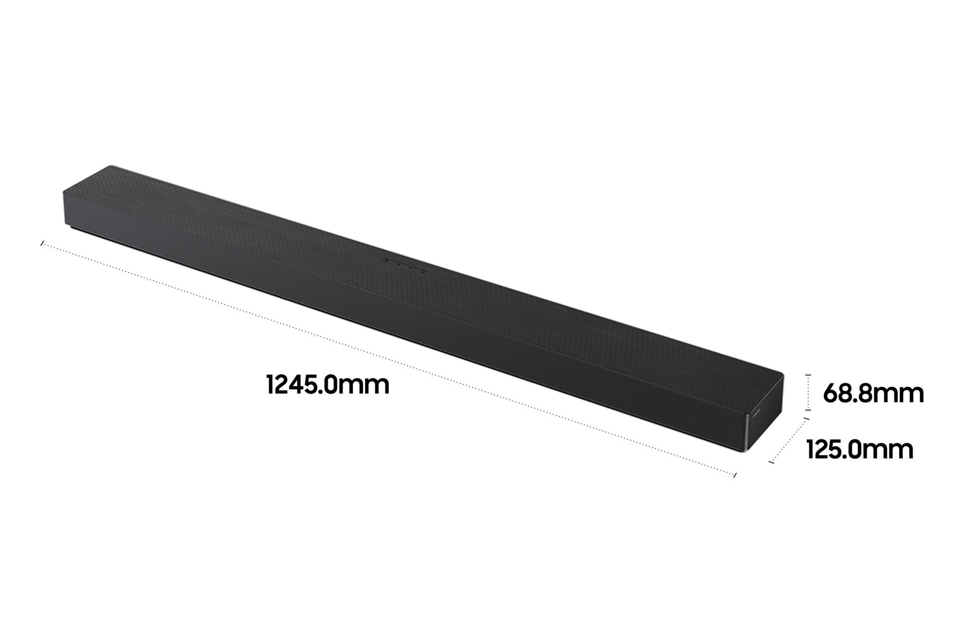 7.1.2ch 올인원 사운드바 QS90H 상세사이즈가 기재된 디멘션 컷