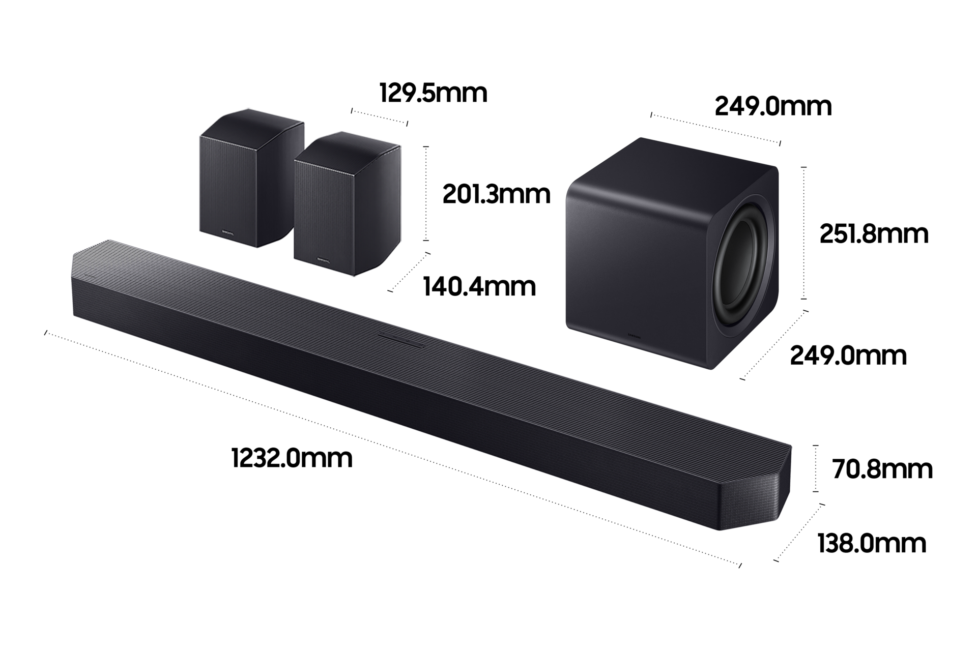 11.1.4ch 사운드바 Q990H 상세사이즈가 기재된 디멘션 컷