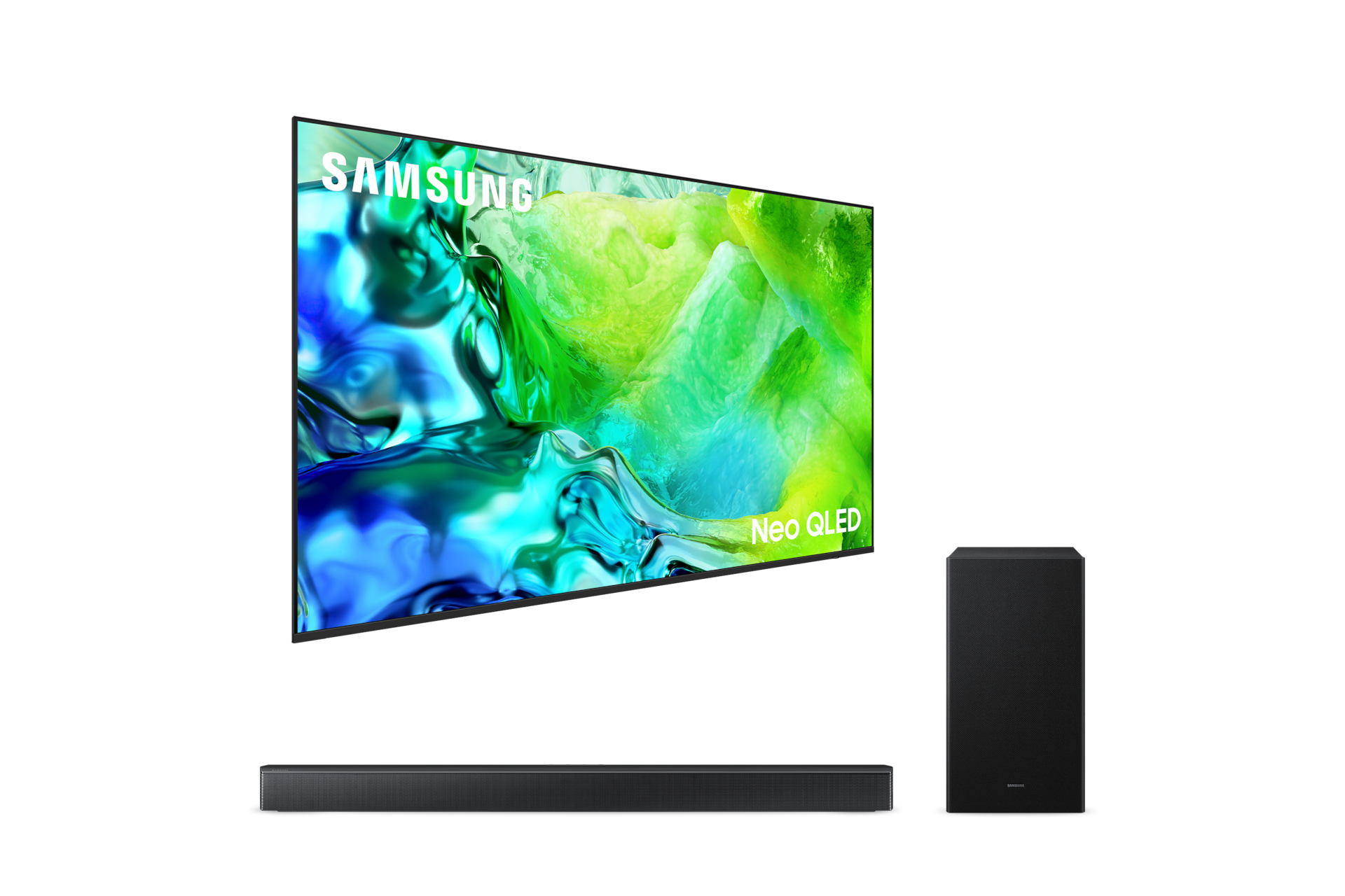 2026 Neo QLED QNH80 (163cm) 풀 모션 슬림핏 벽걸이형 우측 45도+3.1ch 사운드바 B650F 정면 페어이미지