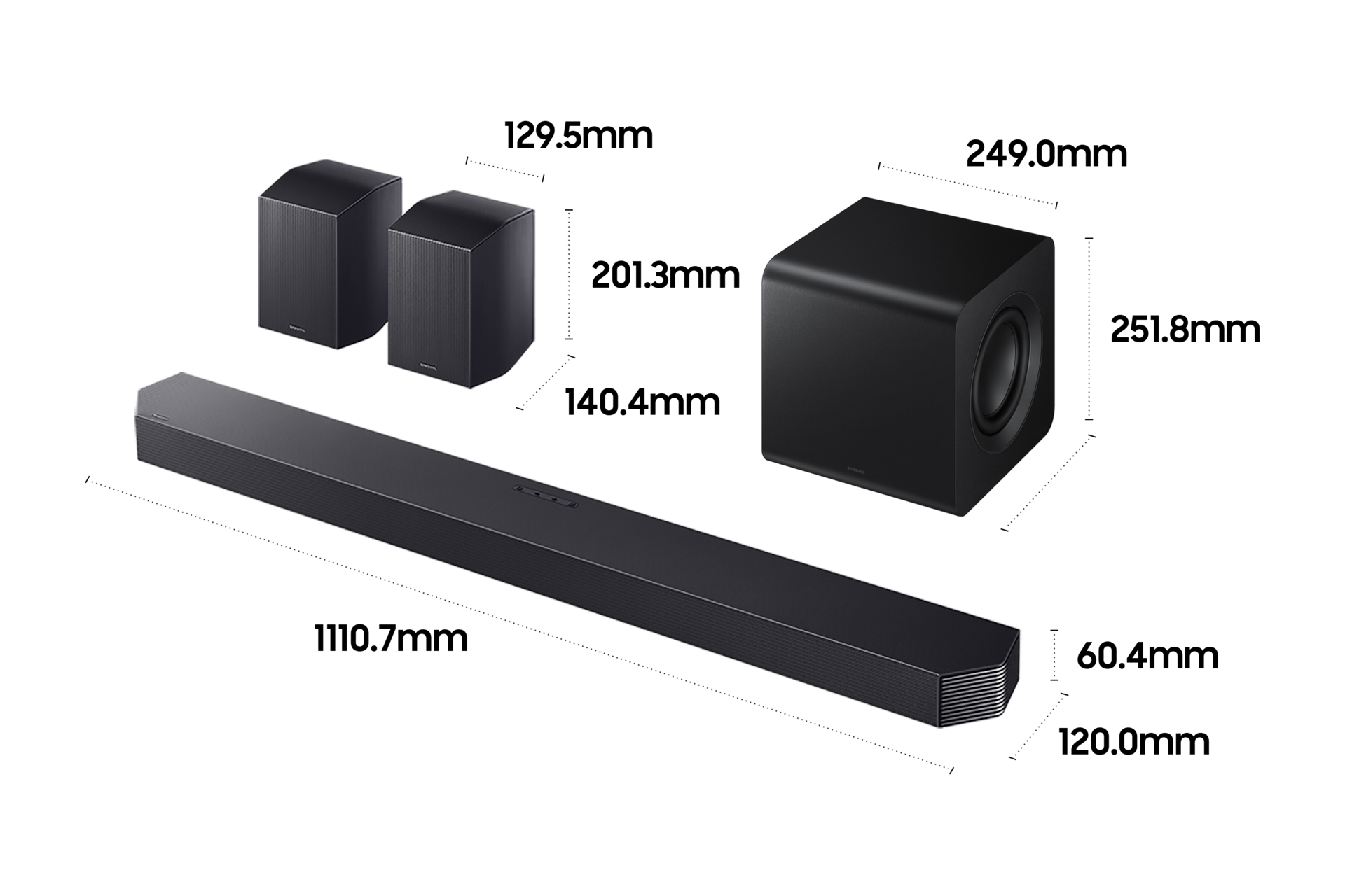 9.1.4ch 사운드바 Q930H 상세사이즈가 기재된 디멘션 컷