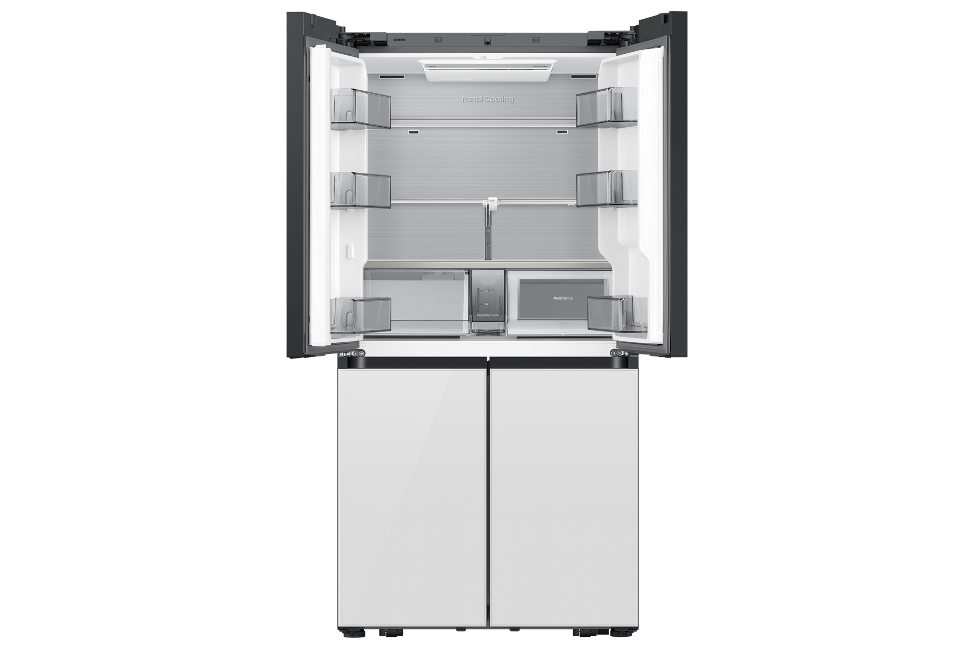 Bespoke AI 패밀리허브 4도어 키친핏 Max 602L (22.5cm, AI 푸드매니저) 클린 화이트 상칸 도어 오픈