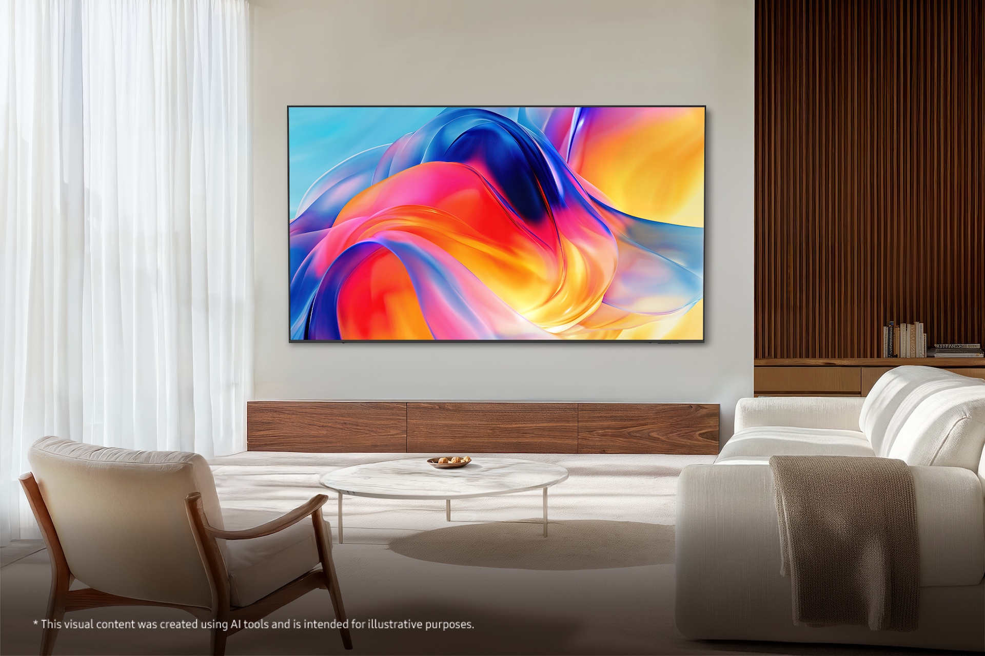 거실 벽에 TV가 설치되어 있습니다. TV 아래에는 장식장이 놓여 있으며, TV 앞에는 테이블과 1인용 의자, 소파가 놓여 있습니다.