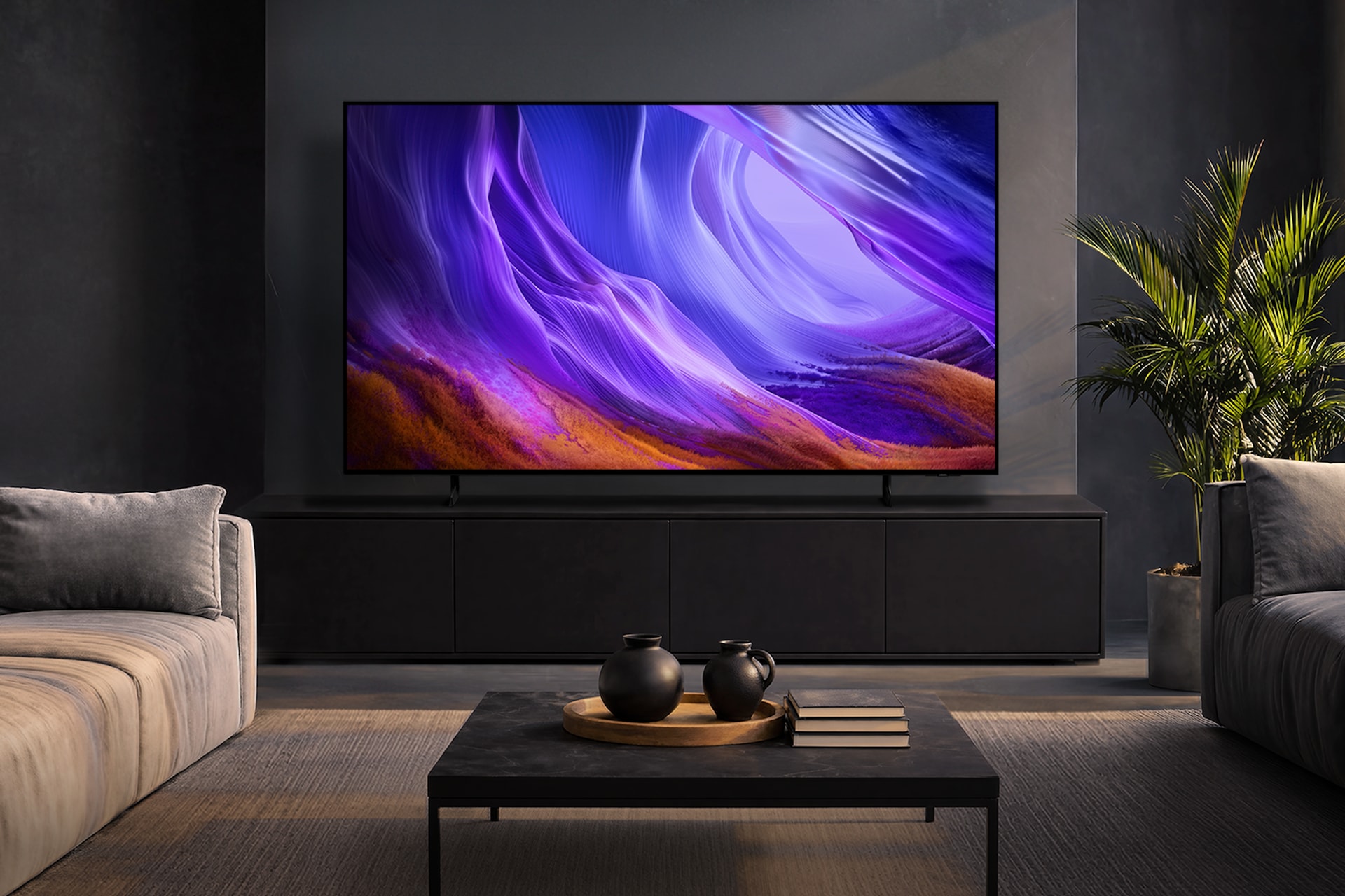 거실 벽에 TV가 설치되어 있습니다. TV 하단에는 화분들이 놓여 있습니다. TV 앞에는 책들이 올려진 테이블과 소파들이 있습니다.