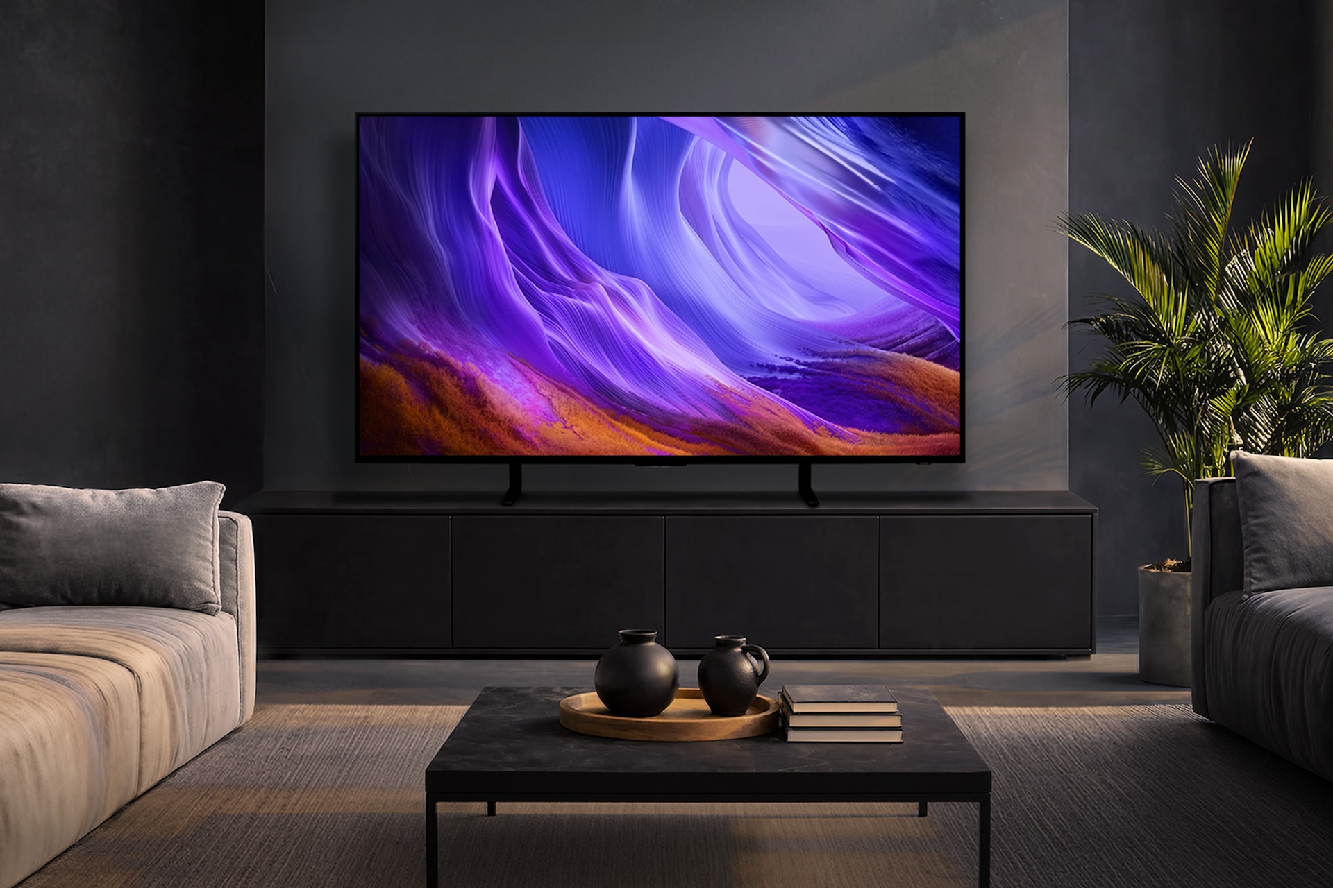 거실 벽에 TV가 설치되어 있습니다. TV 하단에는 화분들이 놓여 있습니다. TV 앞에는 책들이 올려진 테이블과 소파들이 있습니다.