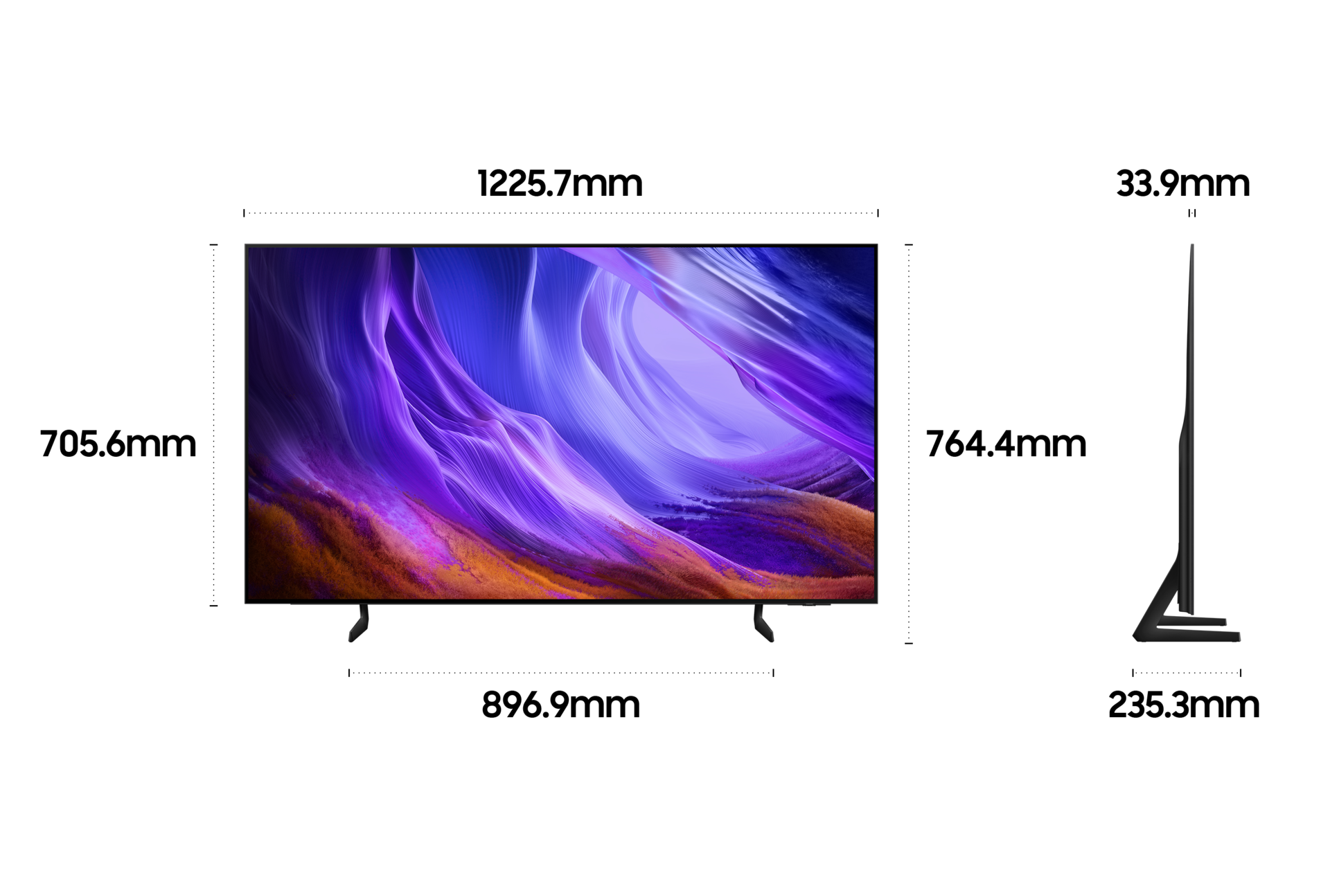 2026 OLED SH85 (138cm) 스탠드형 상세사이즈가 기재된 디멘션 컷