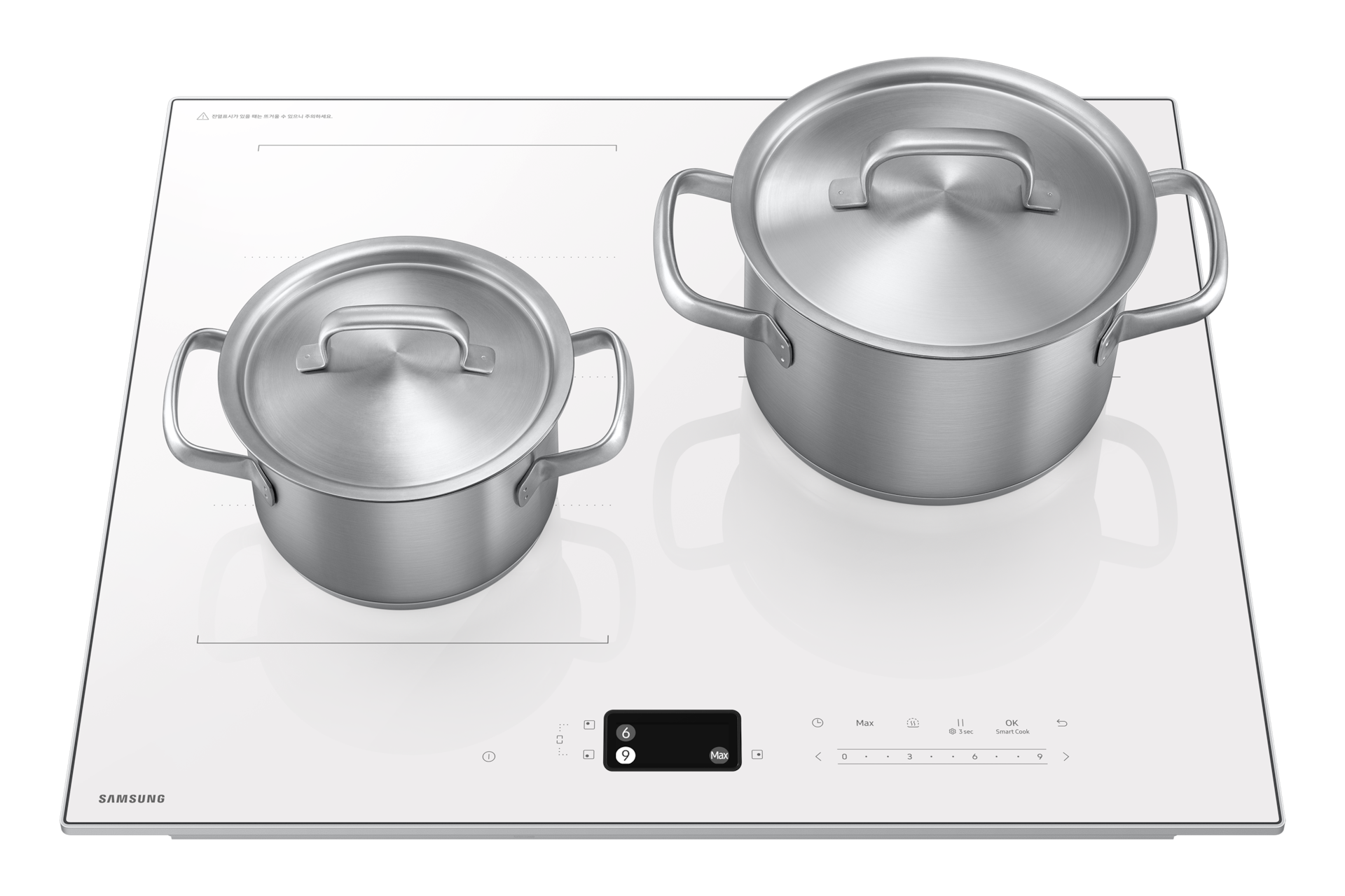 Bespoke AI 인덕션 (플렉스존) 화이트 냄비 2개를 올린 정면