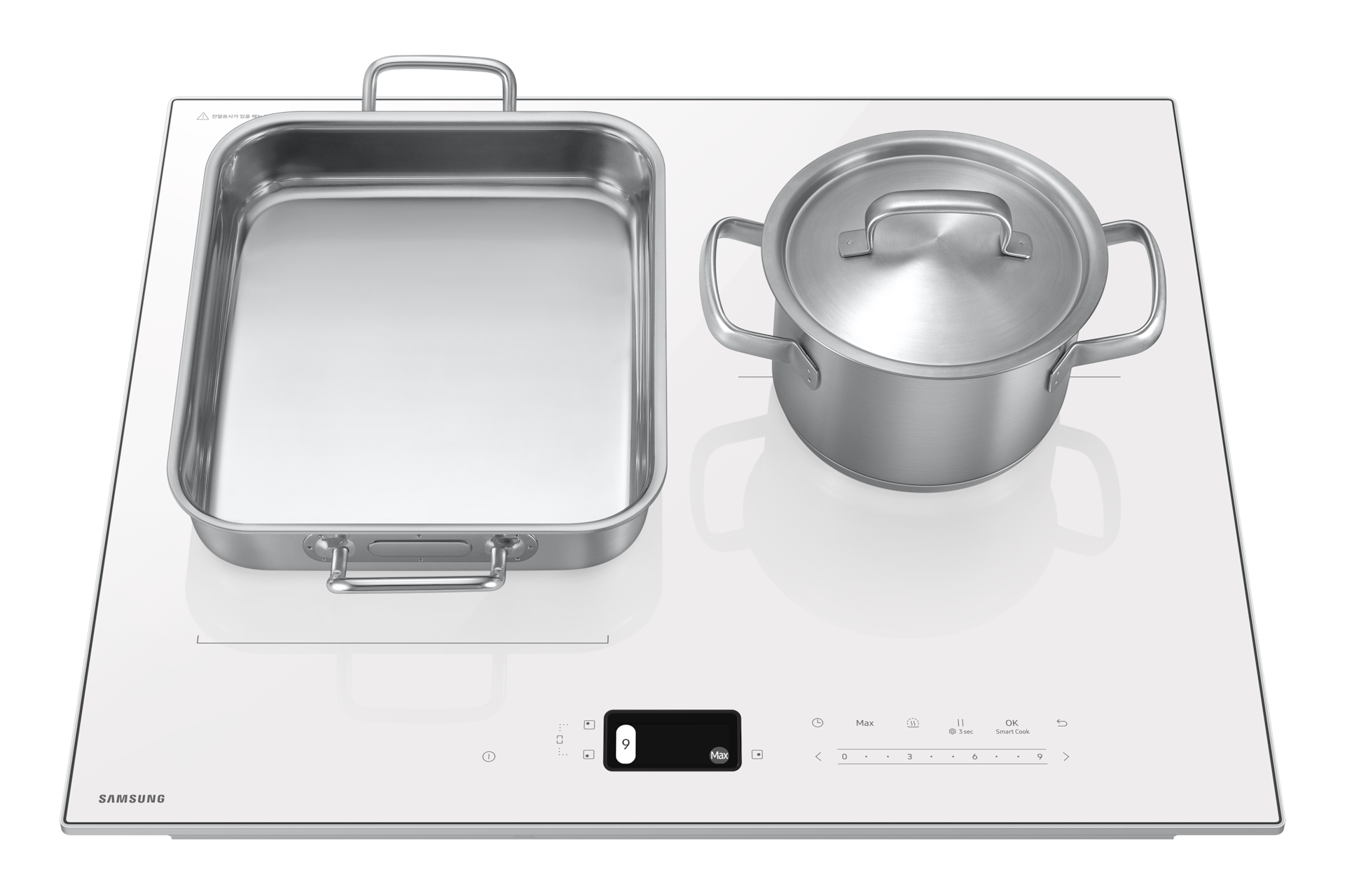 Bespoke AI 인덕션 (플렉스존) 화이트 사각팬과 냄비를 올린 정면