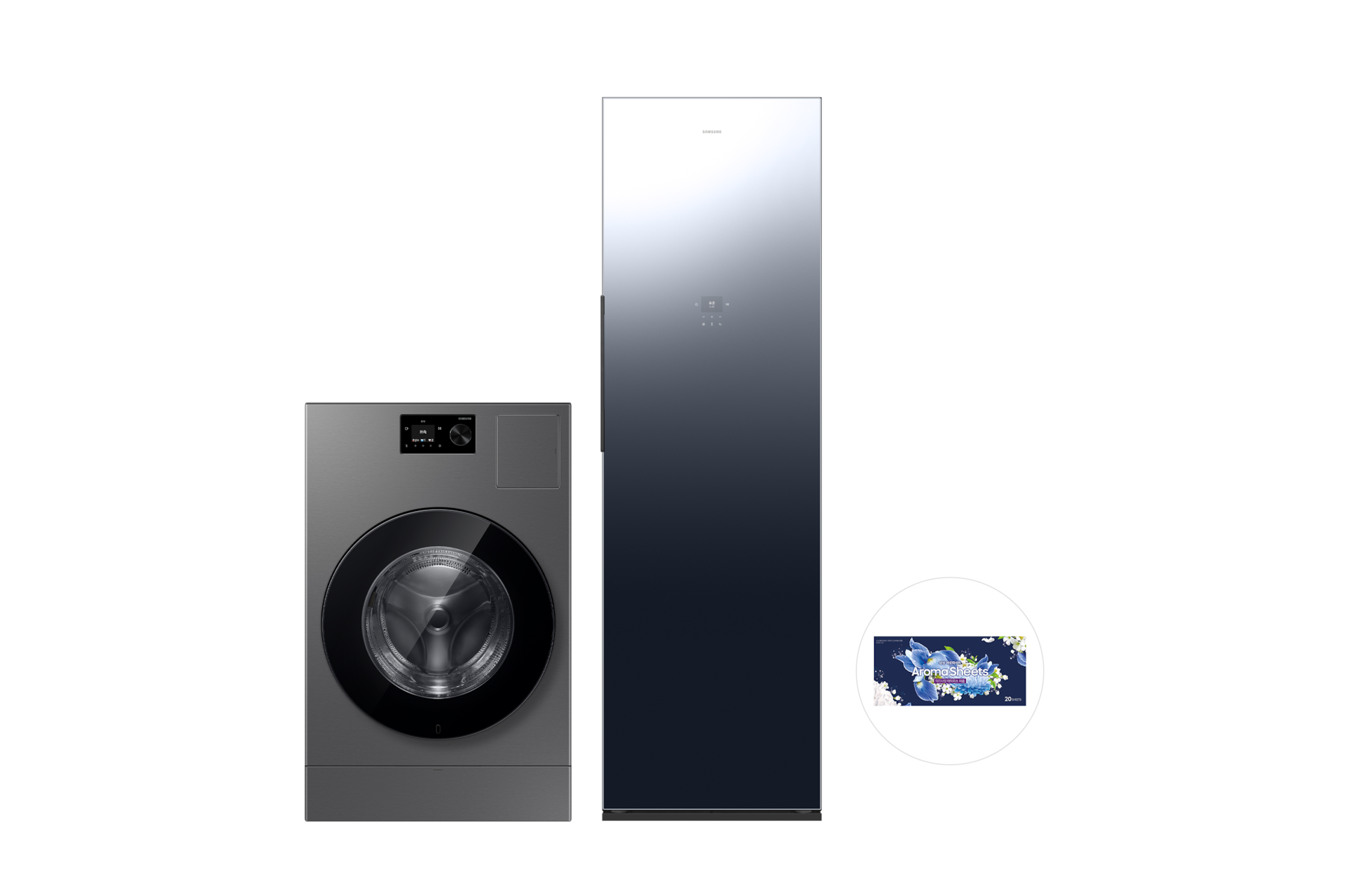 Bespoke AI 콤보 25/18kg (71.1mm LCD)+Bespoke AI 에어드레서 대용량 5~9벌+아로마시트  다크스틸 정면