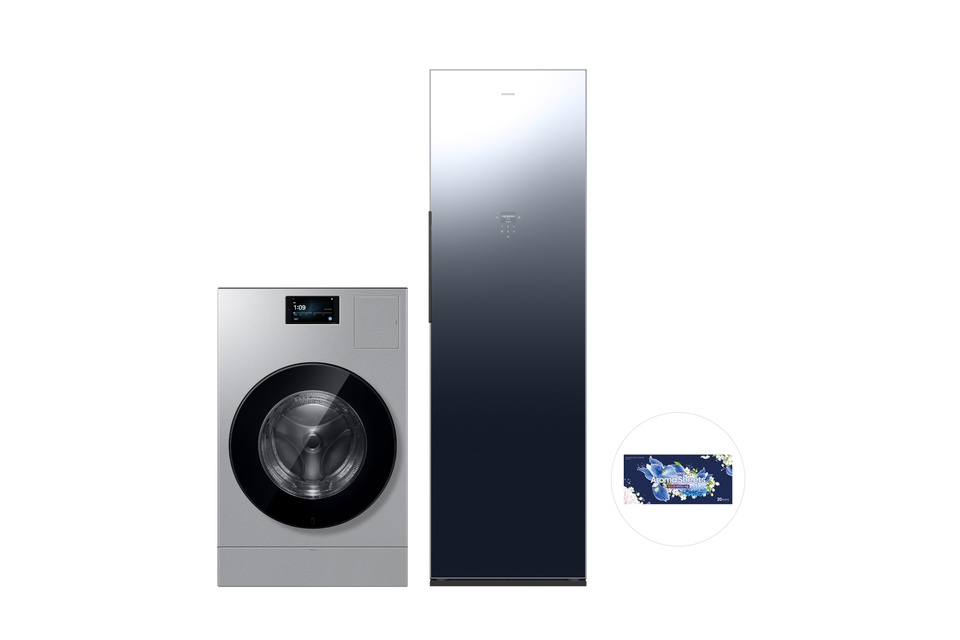 Bespoke AI 콤보 25/20kg (177.8mm LCD)+Bespoke AI 에어드레서 대용량 5~9벌+아로마시트 실버스틸 정면