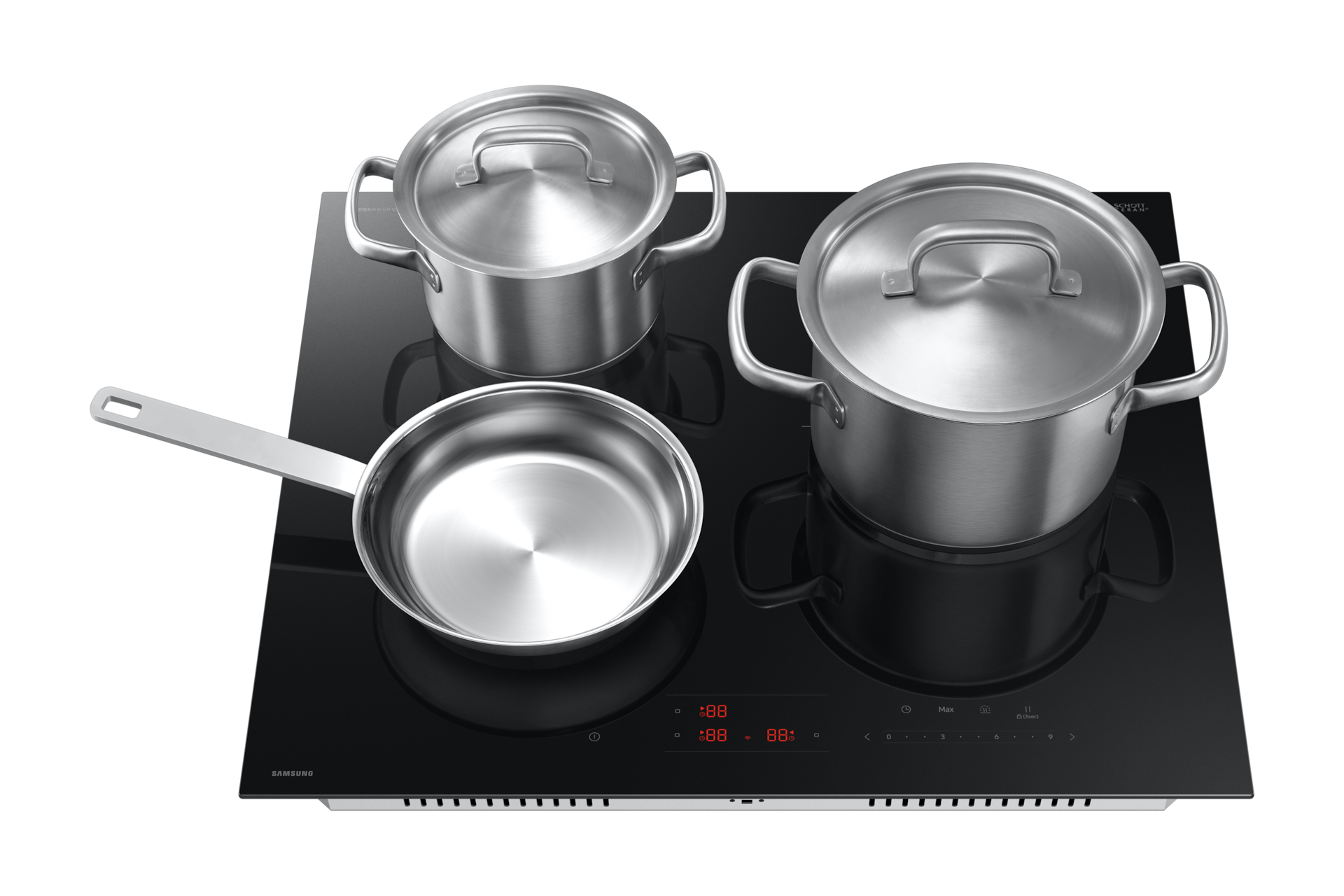 인덕션 블랙 3개 화구 위에 냄비를 올린 정면