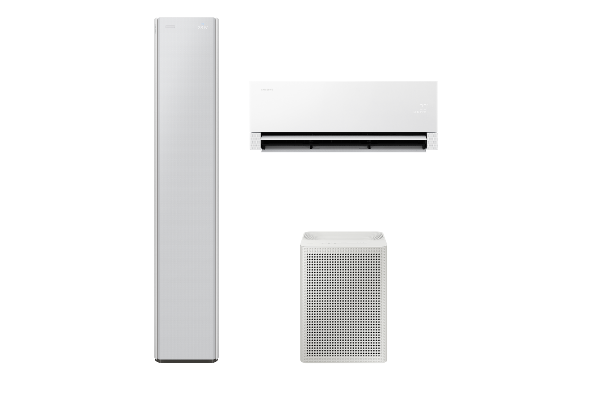 Bespoke AI 무풍콤보 갤러리 프로 56.9/18.7㎡+블루스카이 3100 33.1㎡ 전원이 켜져 있는 좌측 스탠드 에어컨 정면 우측 상단 벽걸이 에어컨 우측 하단 공기청정기 정면