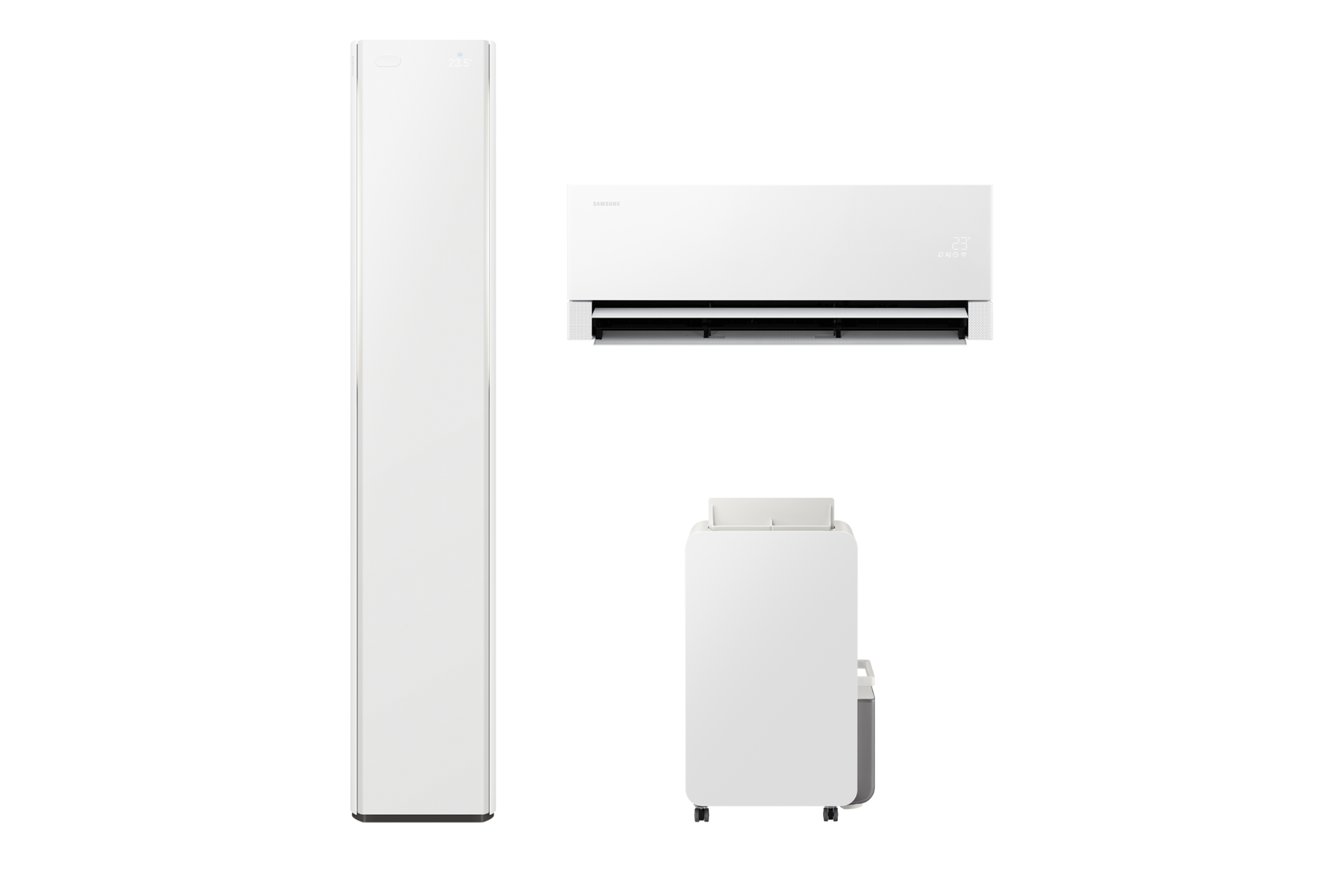 Bespoke AI 무풍콤보 갤러리 프로 청정 56.9/18.7㎡+인버터 제습기 23L 전원이 켜져 있는 좌측 스탠드 에어컨 우측 상단 벽걸이 에어컨 정면 우측 하단 제습기 정면