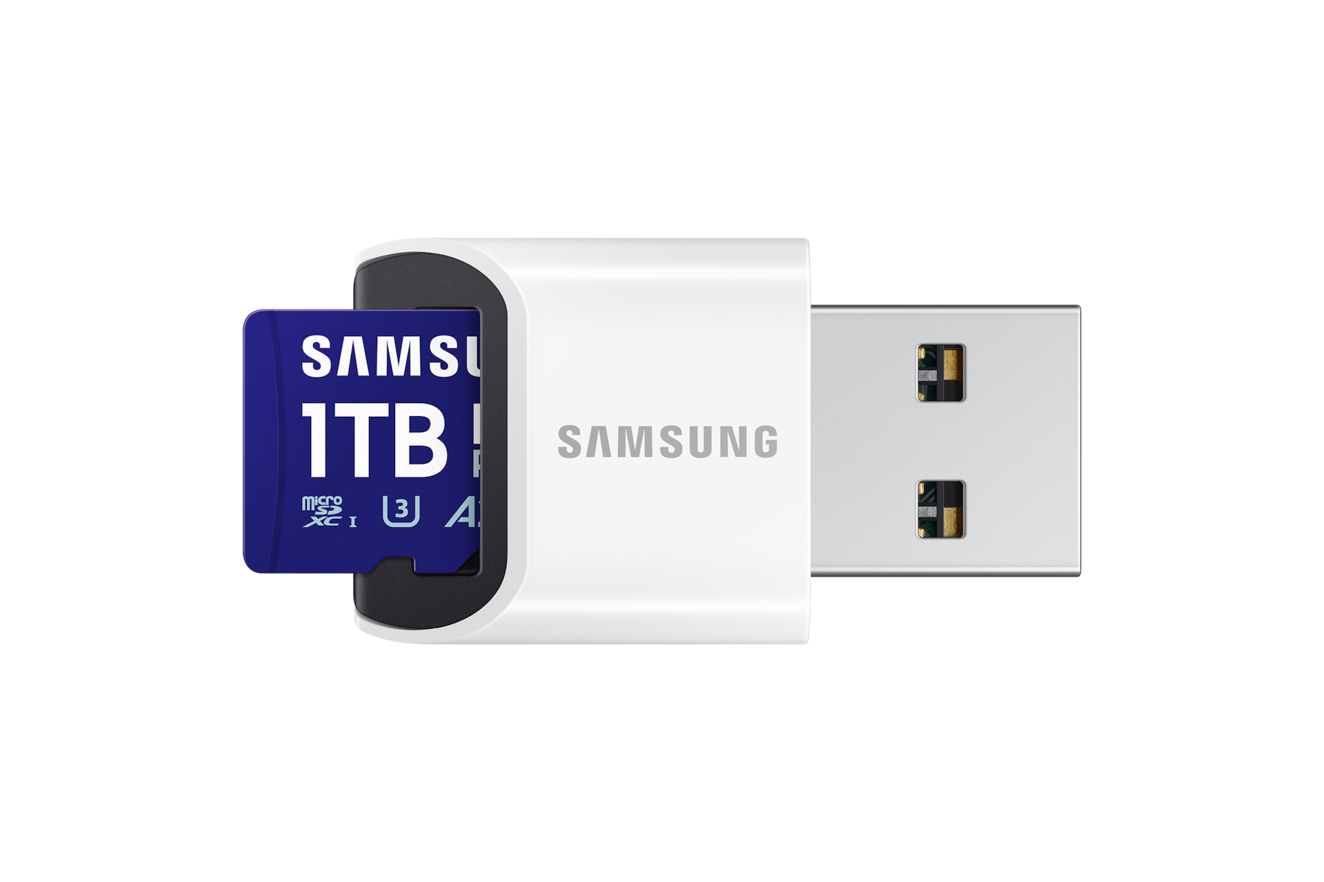 마이크로SD 메모리카드 PRO Plus with Card Reader 1 TB (블루) 제품을 Reader 에 장착하는 정면 이미지