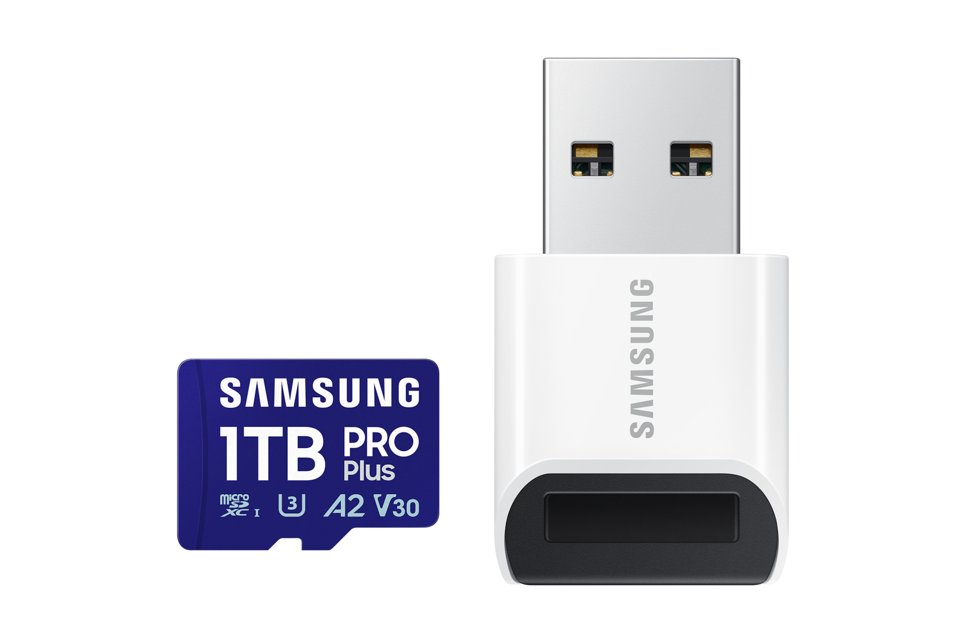 마이크로SD 메모리카드 PRO Plus with Card Reader 1 TB (블루) 정면 이미지와 Reader를 세로로 세워둔 정면 이미지