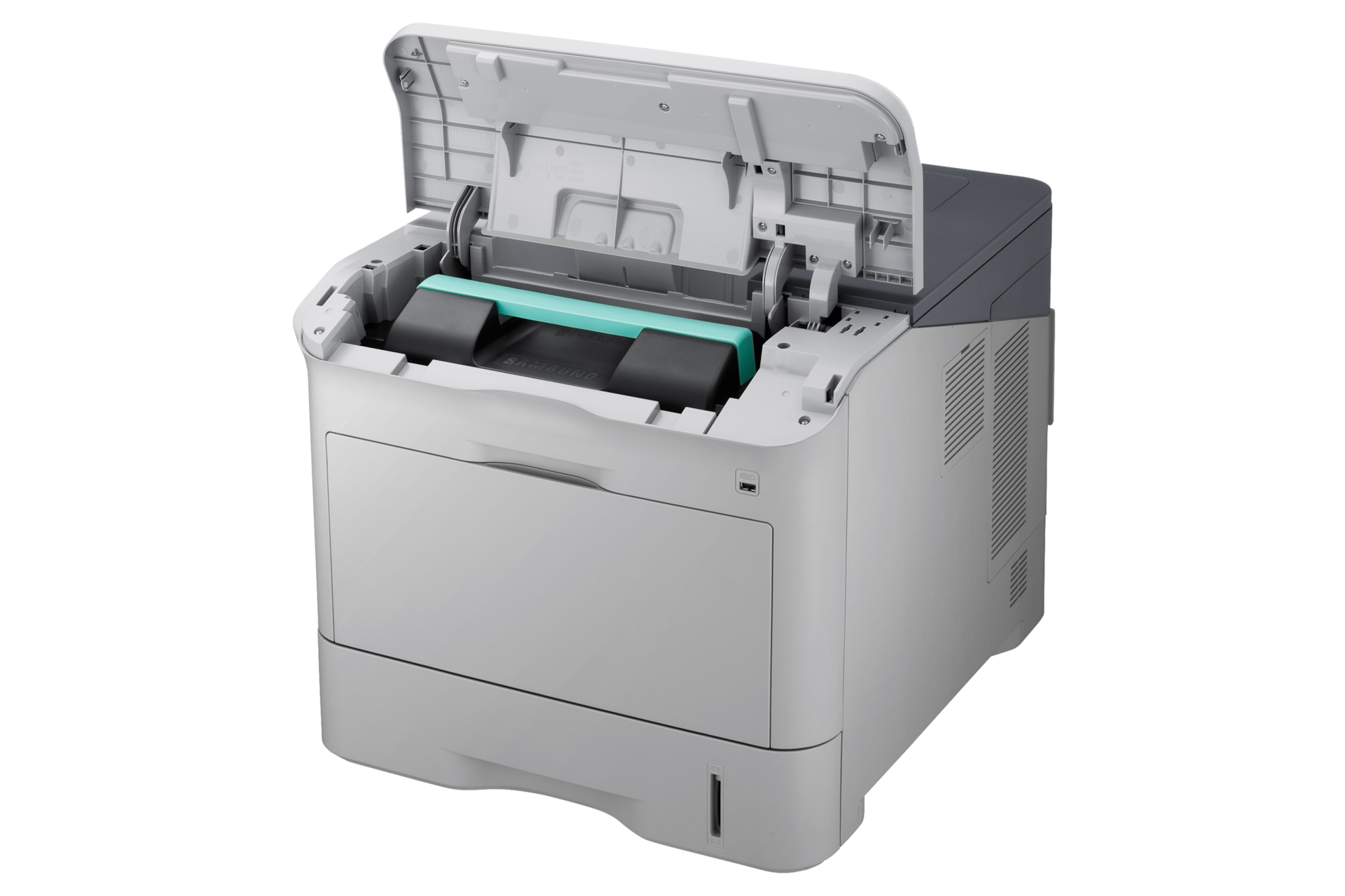 흑백 레이저프린터 52 ppm  (그레이) 토너 덮개가 열린 왼쪽으로 30도 돌아간 정면 이미지