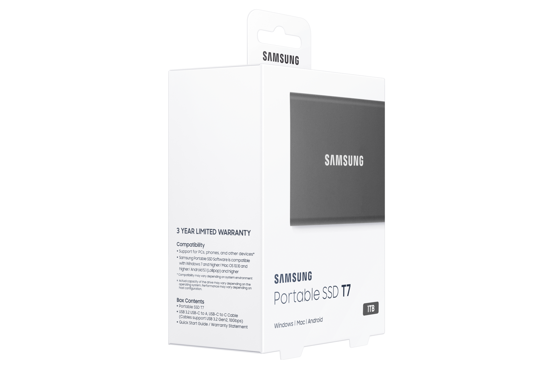 외장 SSD T7 USB 3.2 Gen 2 1 TB (타이탄 그레이) 제품 패키지 우측으로 돌린 이미지