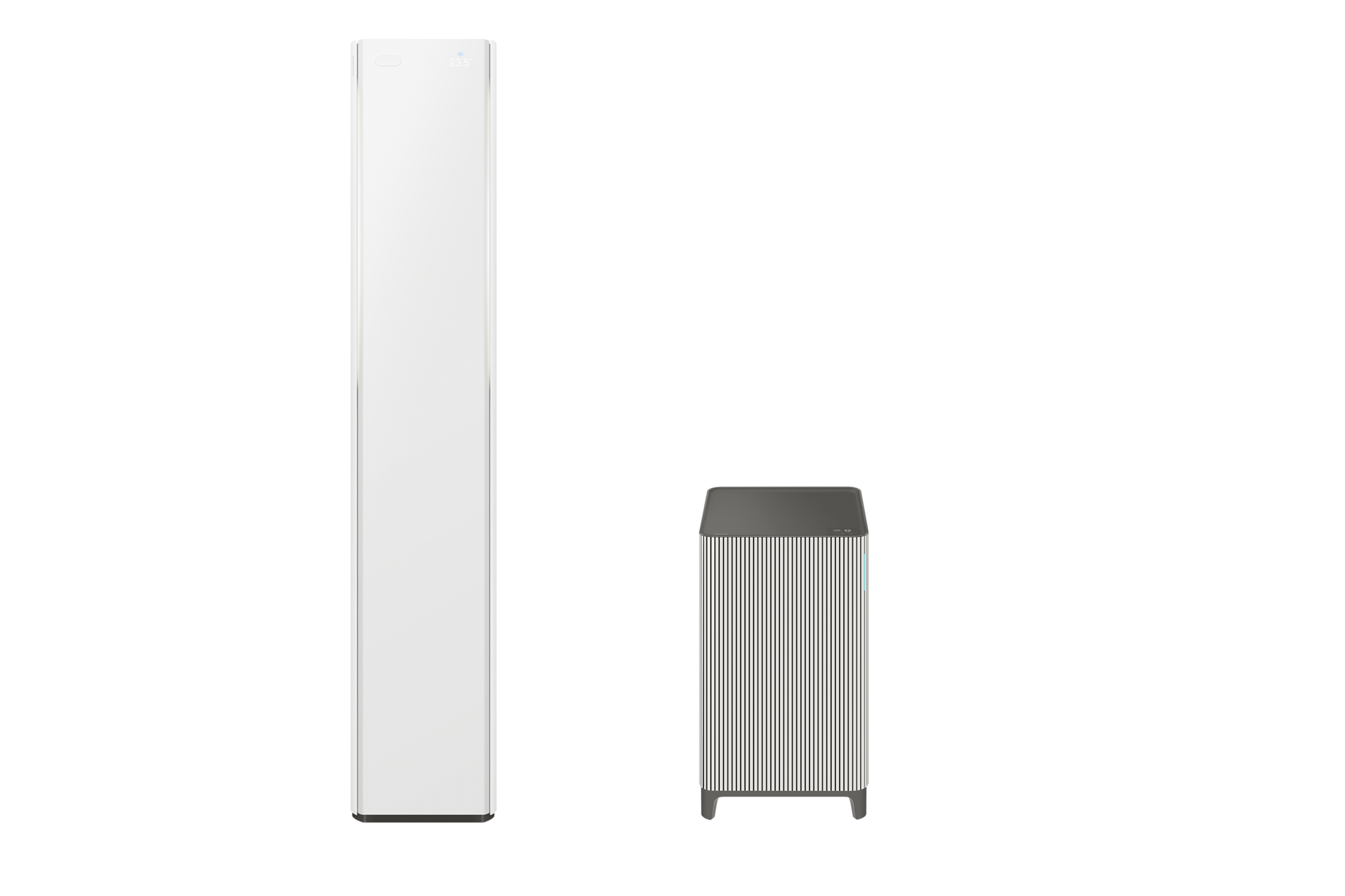 Bespoke AI 무풍콤보 갤러리 프로 청정 62.6㎡+Infinite AI 공기청정기 (33㎡, 리유저블 필터) 전원이 켜져있는 좌측 스탠드 에어컨 정면 우측 공기청정기 정면