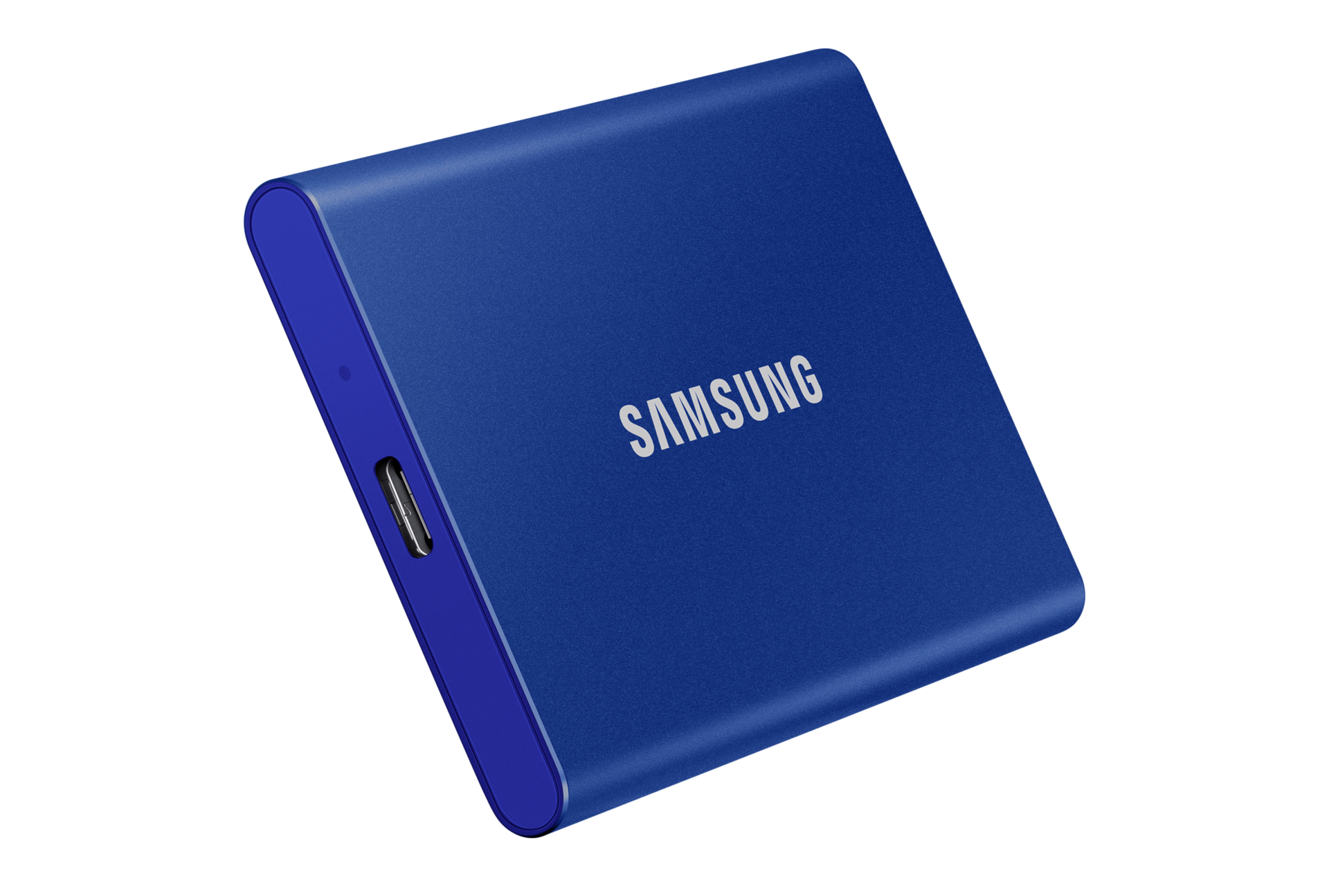 외장 SSD T7 USB 3.2 Gen 2 2 TB (인디고 블루)제품 정면 우측으로 돌린 후 좌측 하단으로 내린 이미지