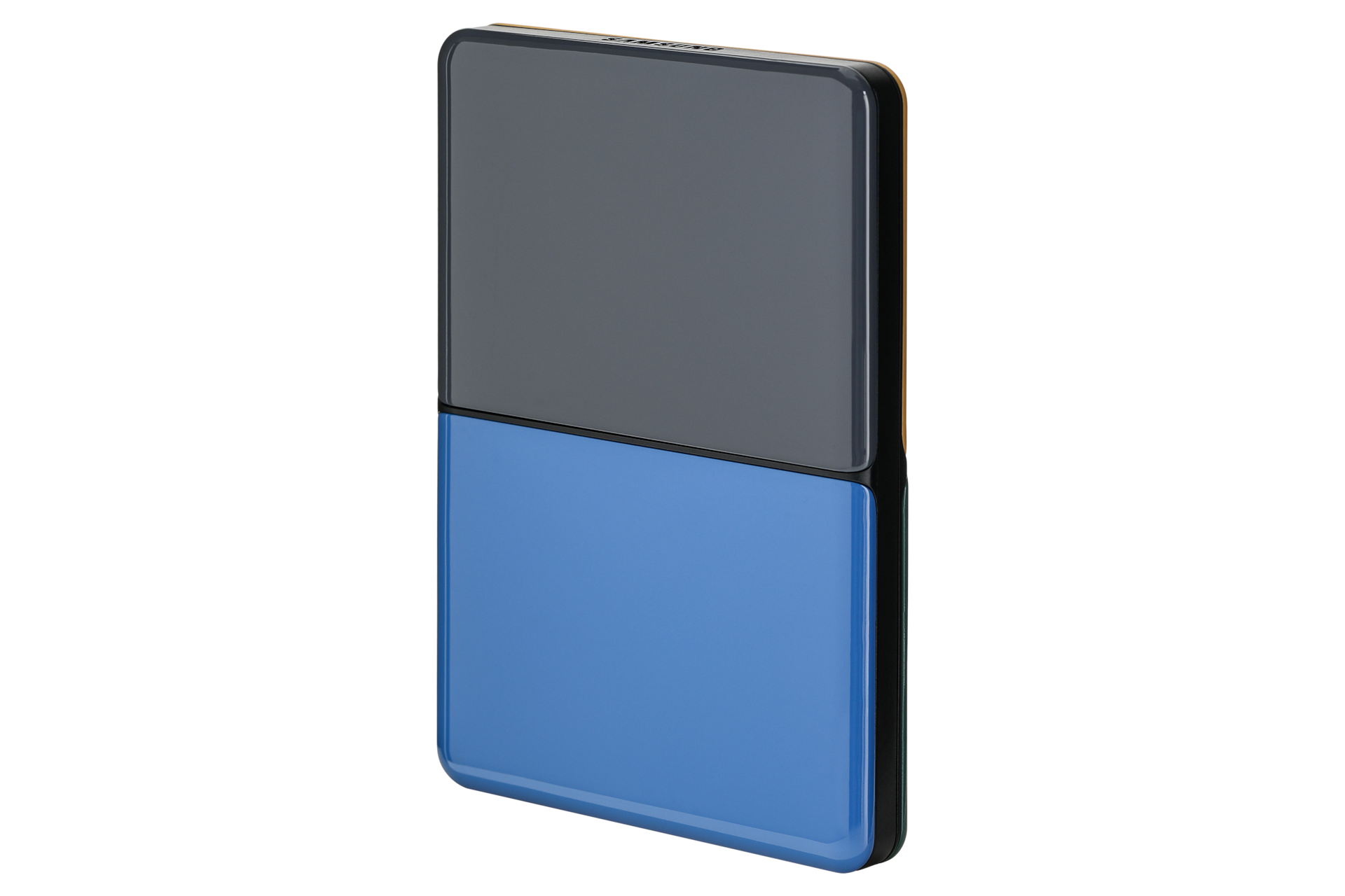 외장 HDD MOSAIC 1 TB 상단 다크 그레이 하단 블루 패널 배치한 왼쪽 30도 회전한 정면 이미지