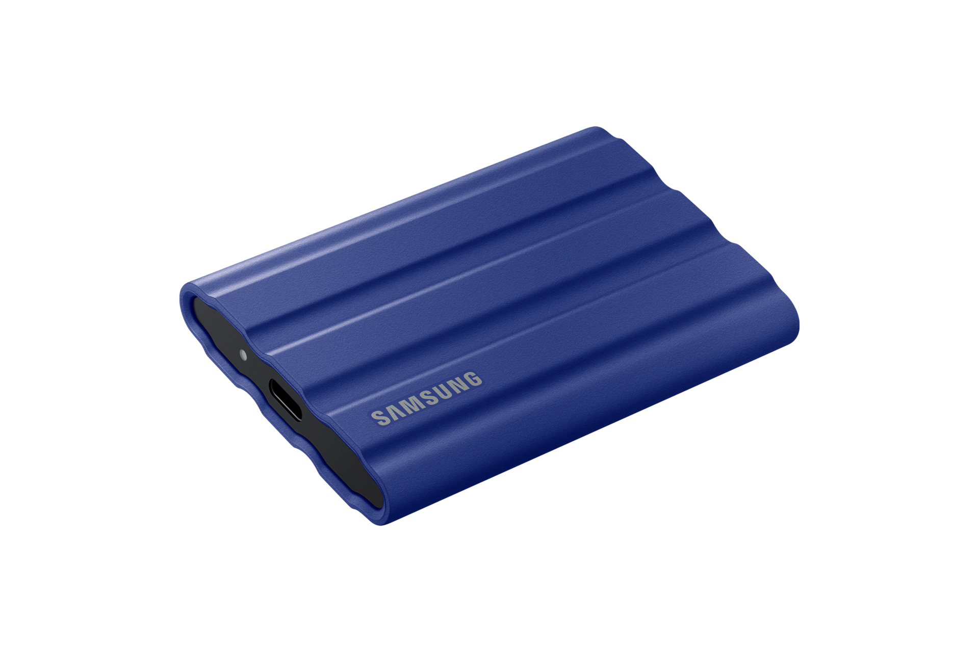 외장 SSD T7 Shield USB 3.2 Gen 2 1 TB (블루) 제품 눕혀져 있는 모습 뒷쪽 45도에서 바라본 이미지
