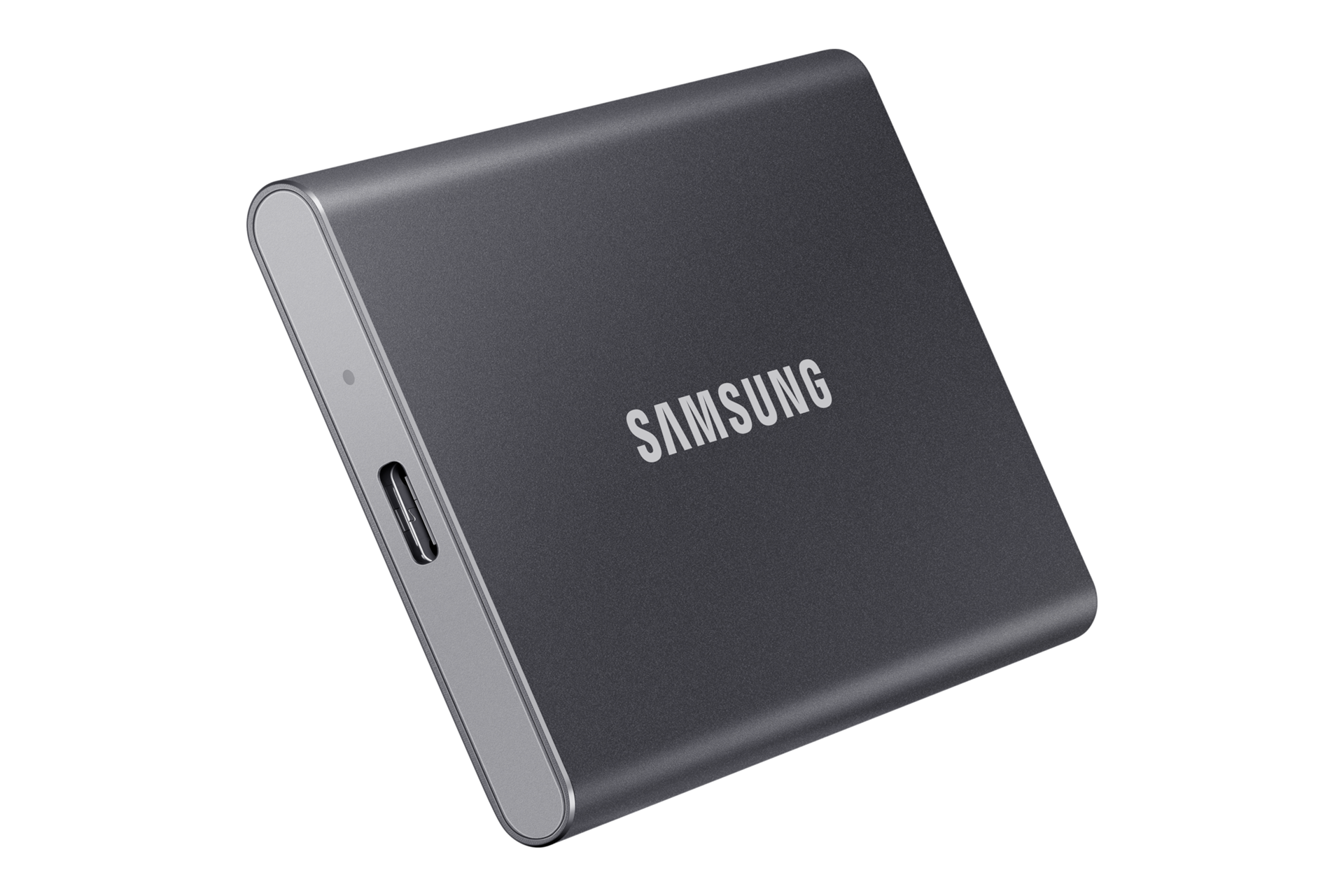 외장 SSD T7 USB 3.2 Gen 2 2 TB (타이탄 그레이) 제품 정면 우측으로 돌린 후 좌측 하단으로 내린 이미지