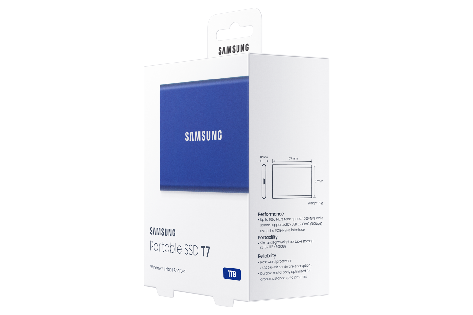 외장 SSD T7 USB 3.2 Gen 2 1 TB (인디고 블루) 제품 패키지 좌측으로 돌린 이미지