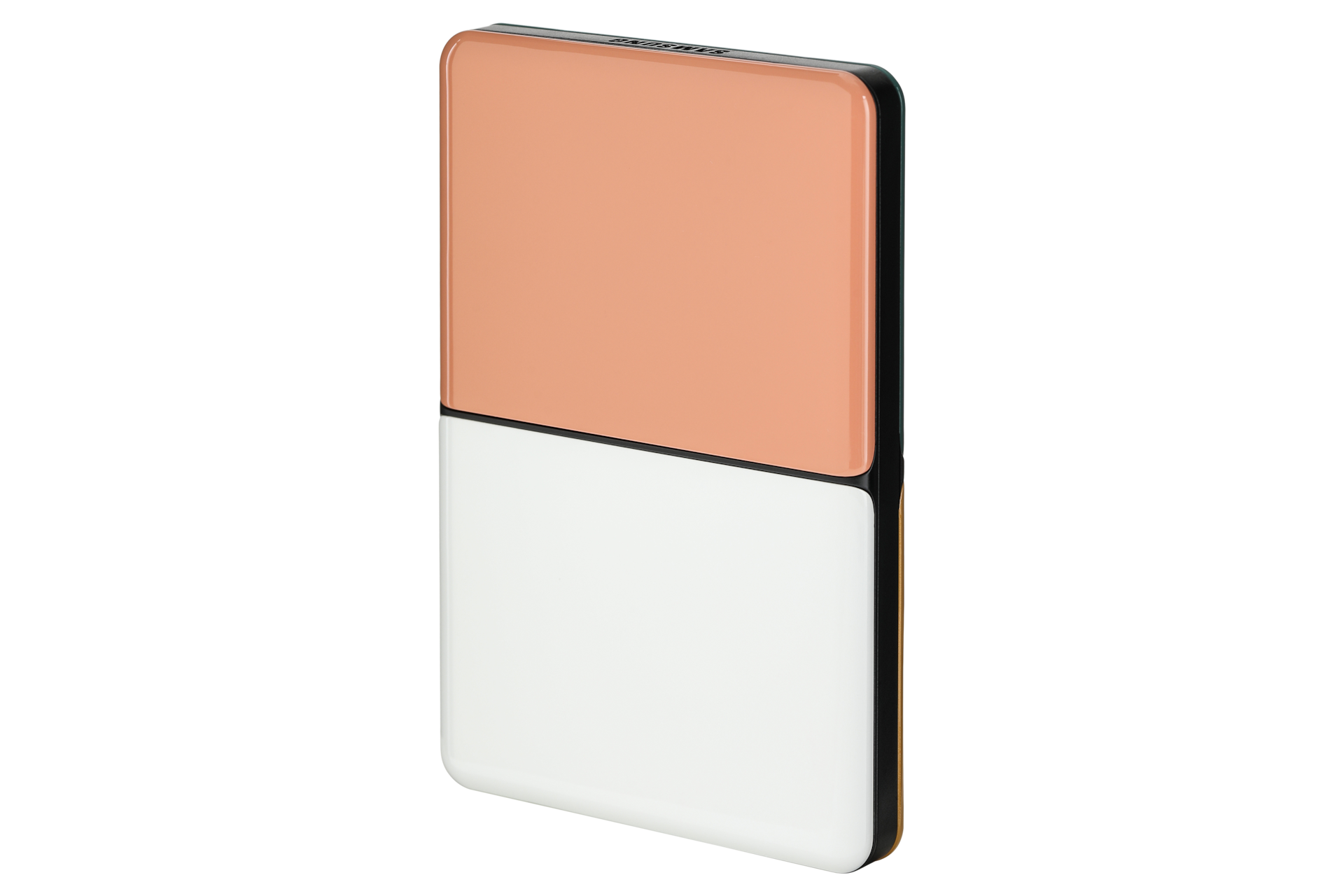 외장 HDD MOSAIC 1 TB 상단 피치 하단 화이트 패널 배치한 왼쪽 30도 회전한 정면 이미지