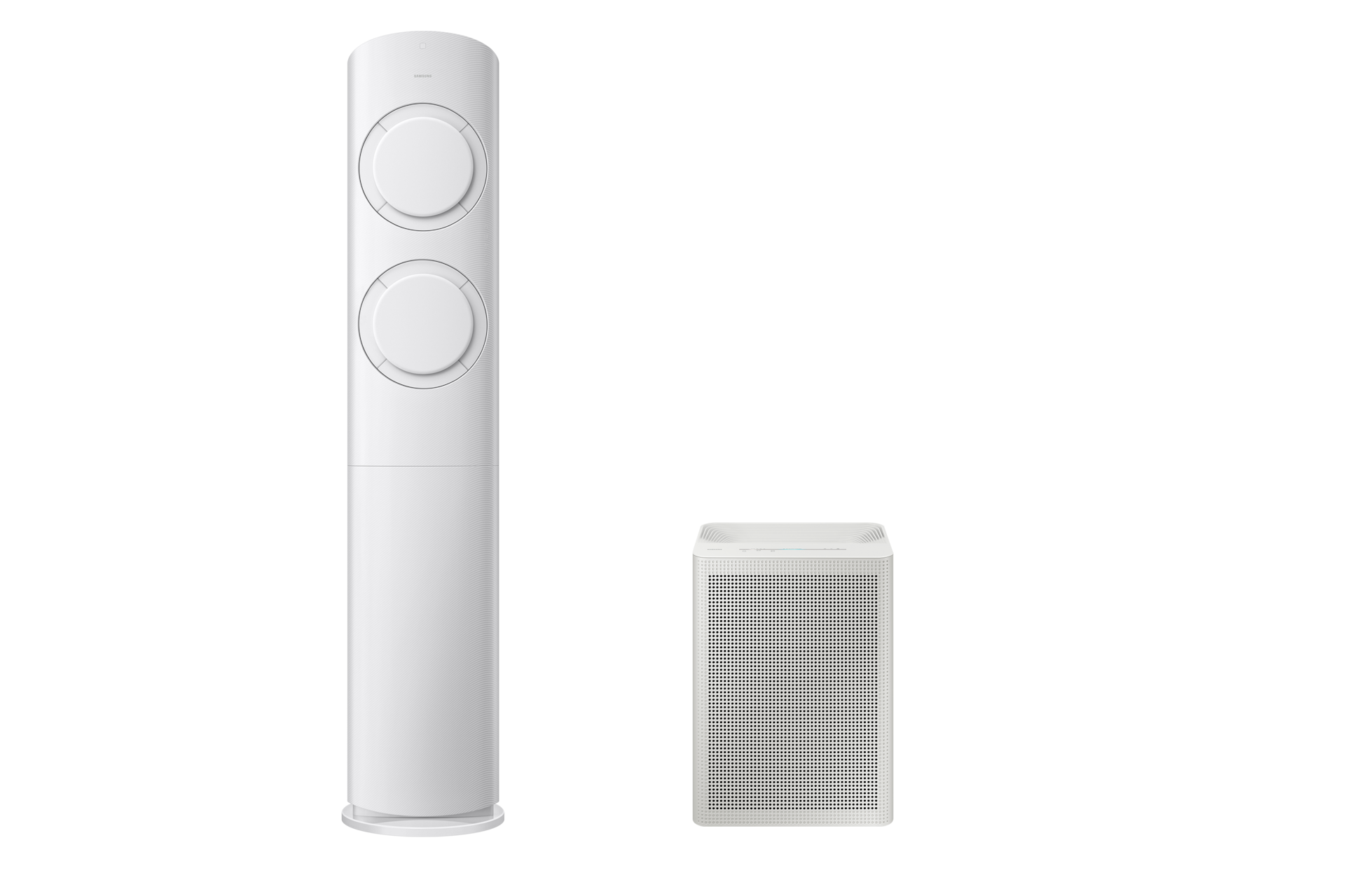 AI Q9000 청정 56.9㎡+블루스카이 3100 33.1㎡ 전원이 꺼져 있는 좌측 스탠드 에어컨 정면 전원이 켜져 있는 우측 공기청정기 정면