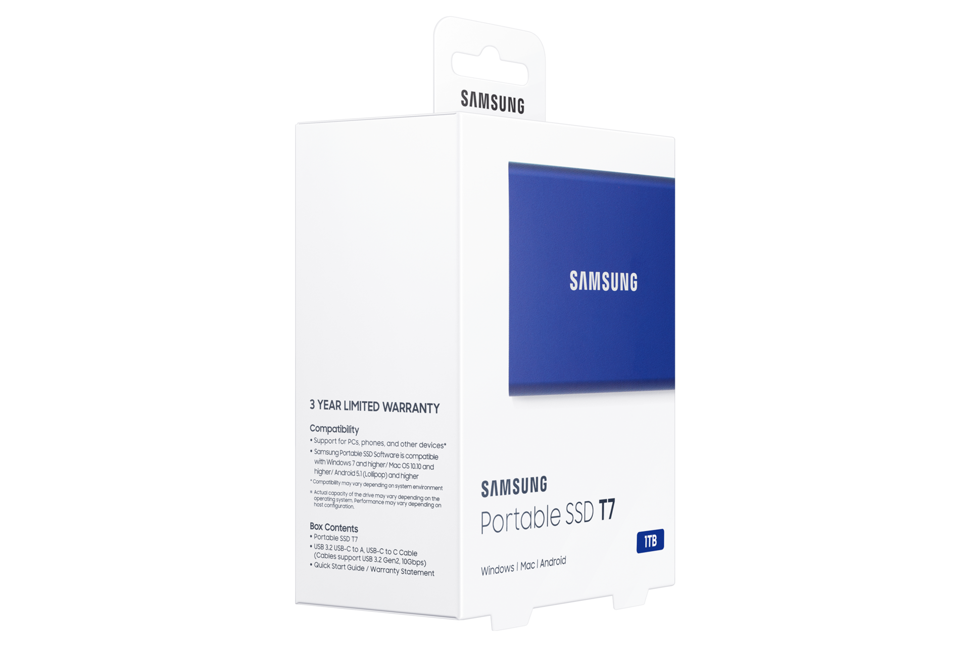 외장 SSD T7 USB 3.2 Gen 2 1 TB (인디고 블루) 제품 패키지 우측으로 돌린 이미지