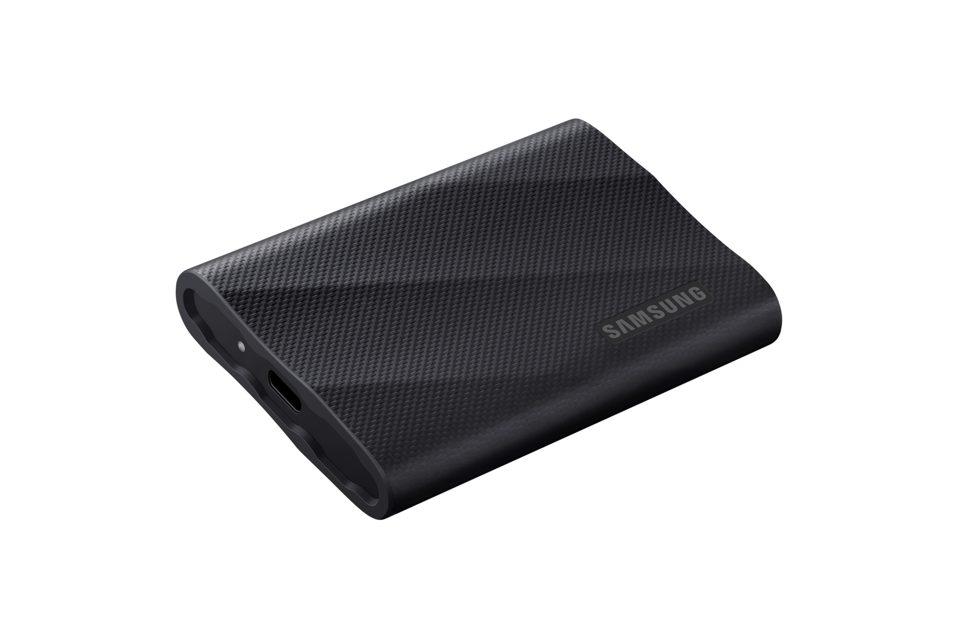 외장 SSD T9 USB 3.2 Gen 2 4 TB (블랙) 제품을 눕힌 뒤에 외쪽 45도 위에서 내려본 이미지
