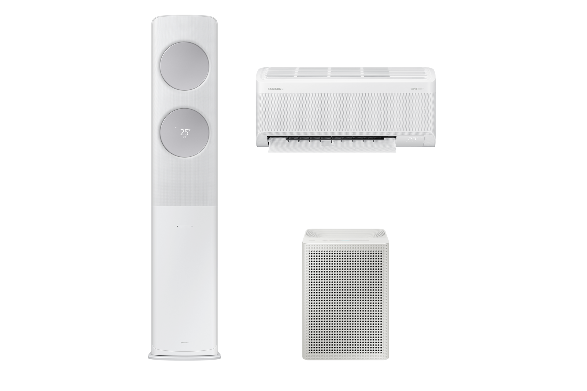 Bespoke AI 무풍 클래식 56.9/18.7㎡+블루스카이 3100 33.1㎡ 전원이 켜져 있는 좌측 스탠드 에어컨 정면 우측 상단 벽걸이 에어컨 정면 우측 하단 공기청정기 정면 