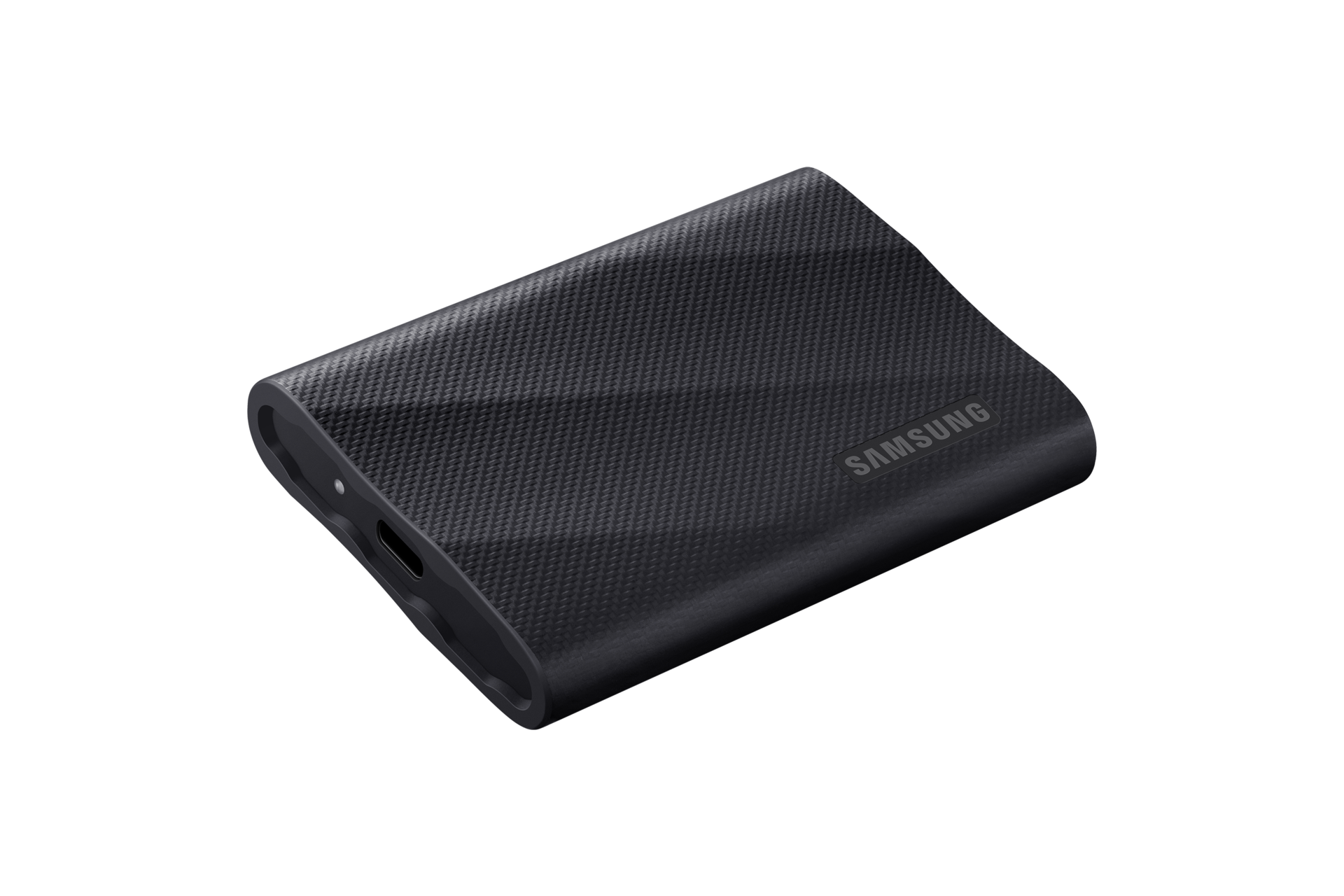 외장 SSD T9 USB 3.2 Gen 2 1 TB (블랙) 제품을 눕힌 뒤에 외쪽 45도 위에서 내려본 이미지