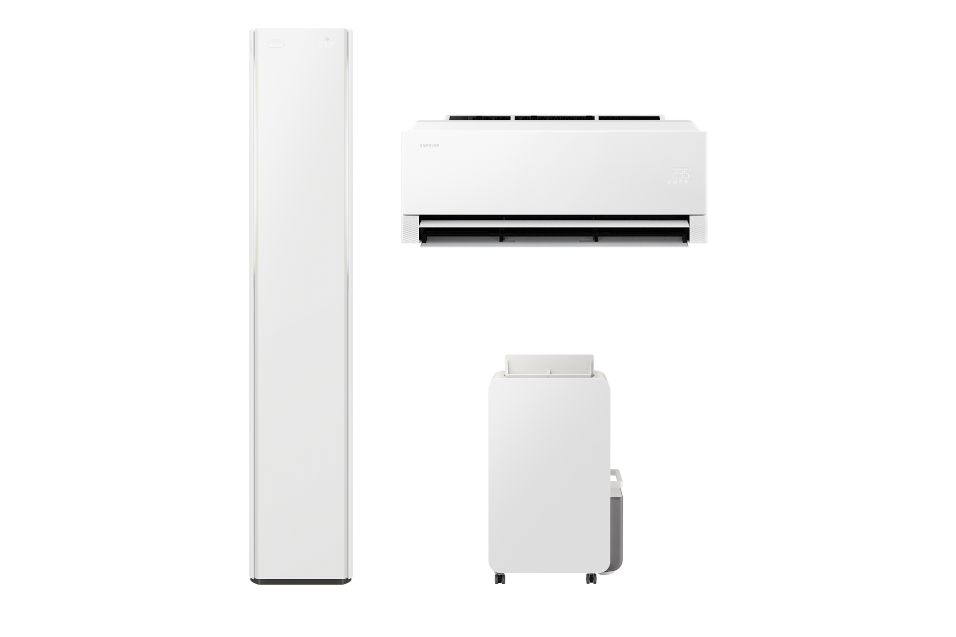 Bespoke AI 무풍콤보 갤러리 프로 청정 81.8/18.7㎡+인버터 제습기 23L 전원이 켜져 있는 좌측 스탠드 에어컨 정면 우측 상단 벽걸이 에어컨 정면 우측 하단 제습기 정면