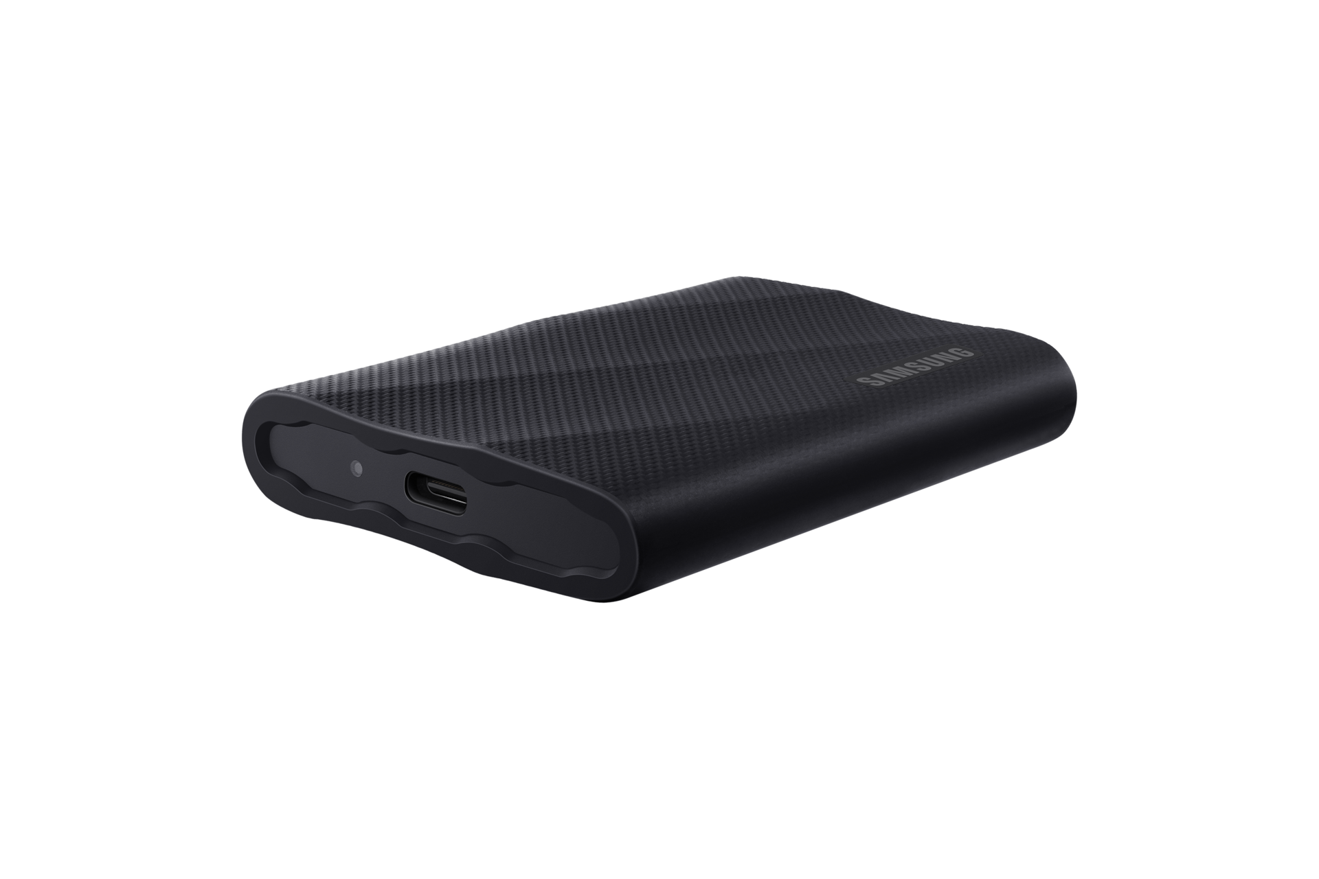 외장 SSD T9 USB 3.2 Gen 2 2 TB (블랙) 제품을 눕힌 뒤에 왼쪽 아래에서 바라본 이미지