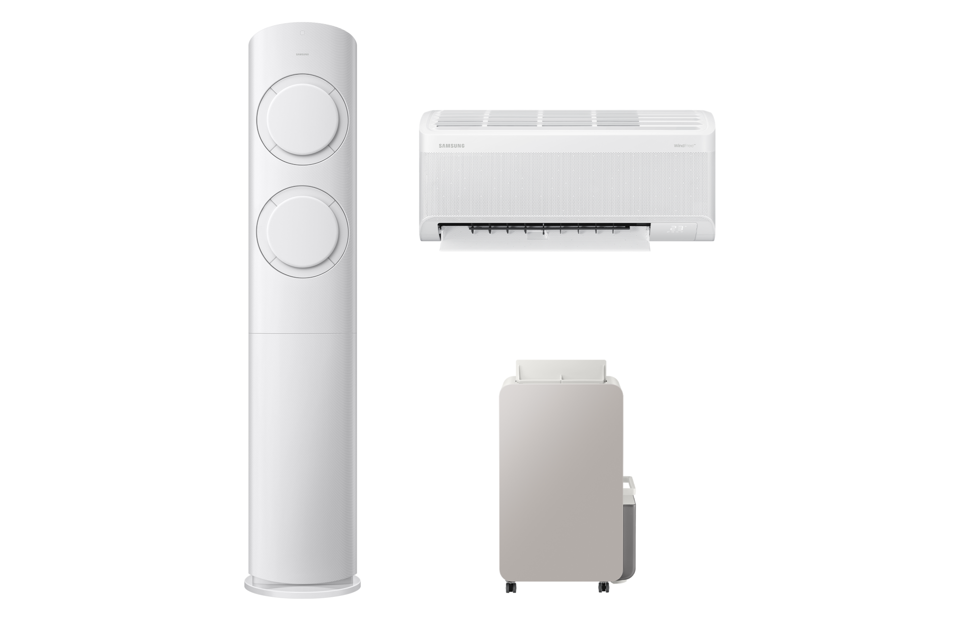 AI Q9000 청정 56.9/18.7㎡+인버터 제습기 18L 전원이 꺼져 있는 좌측 스탠드 에어컨 정면 전원이 켜져 있는 우측 상단 벽걸이 에어컨 정면 우측 하단 제습기 정면