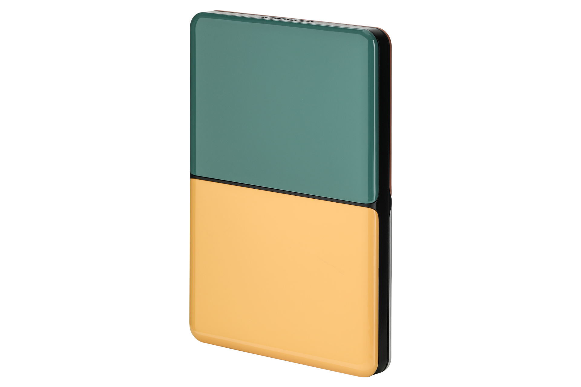 외장 HDD MOSAIC 1 TB 상단 그리너리 하단 썬옐로우 패널 배치한 왼쪽 30도 회전한 정면 이미지