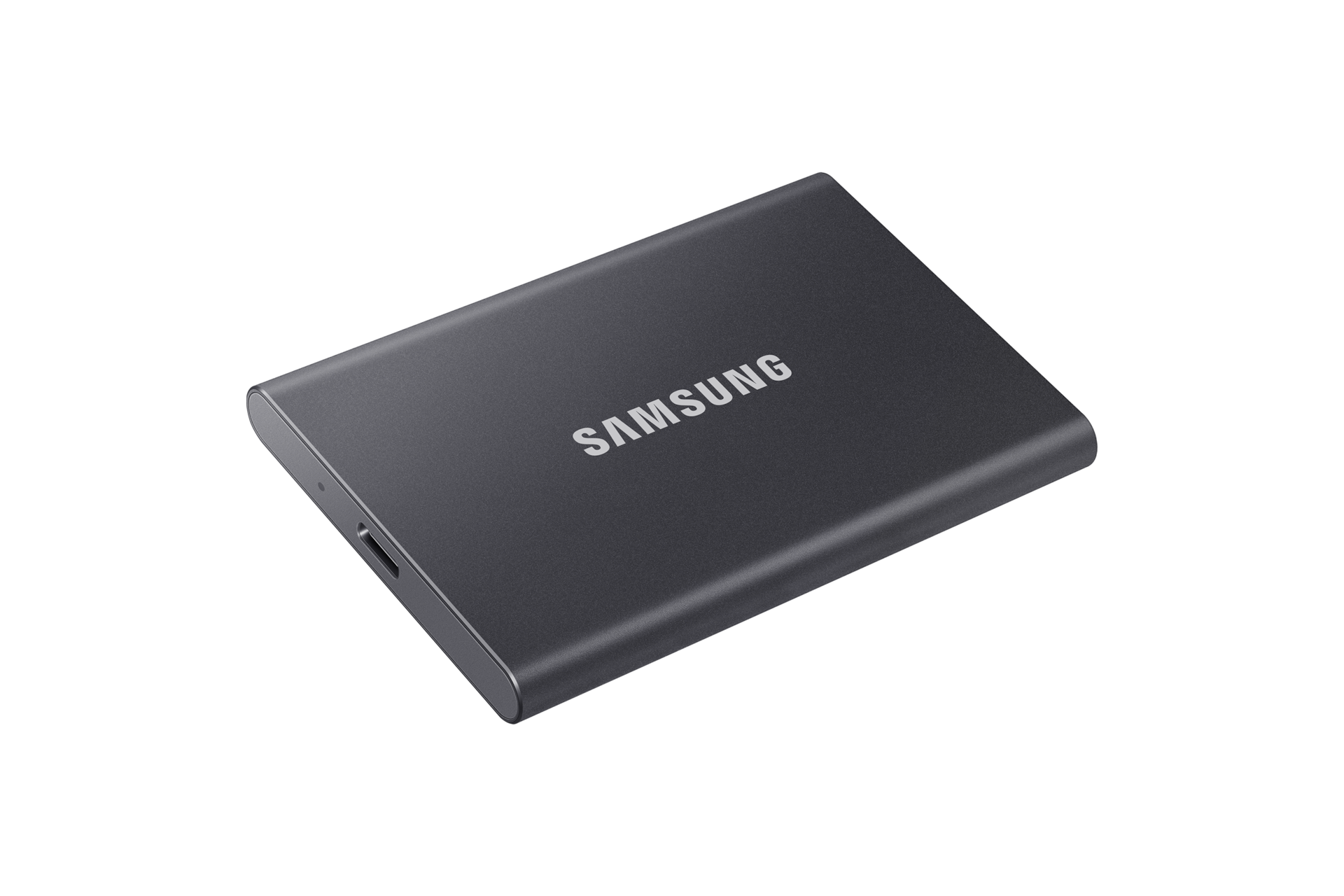 외장 SSD T7 USB 3.2 Gen 2 1 TB (타이탄 그레이) 제품 눕힌 상태의 오른쪽으로 돌린 이미지