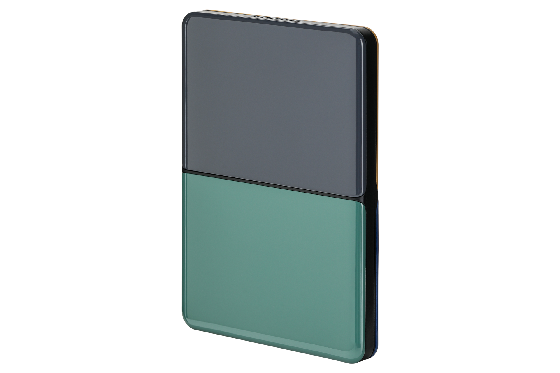 외장 HDD MOSAIC 1 TB 상단 다크 그레이 하단 그리너리 패널 배치한 왼쪽 30도 회전한 정면 이미지