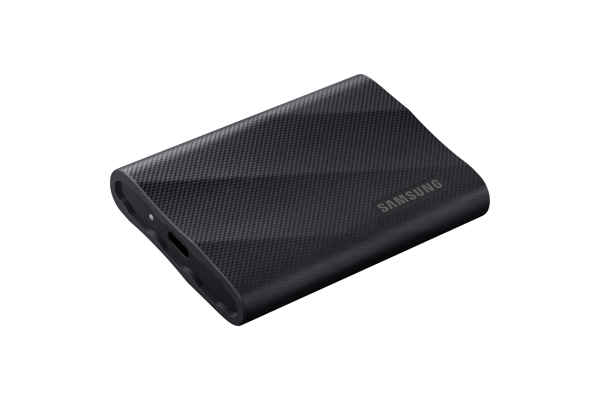 외장 SSD T9 USB 3.2 Gen 2 2 TB (블랙) 제품을 눕힌 뒤에 외쪽 45도 위에서 내려본 이미지