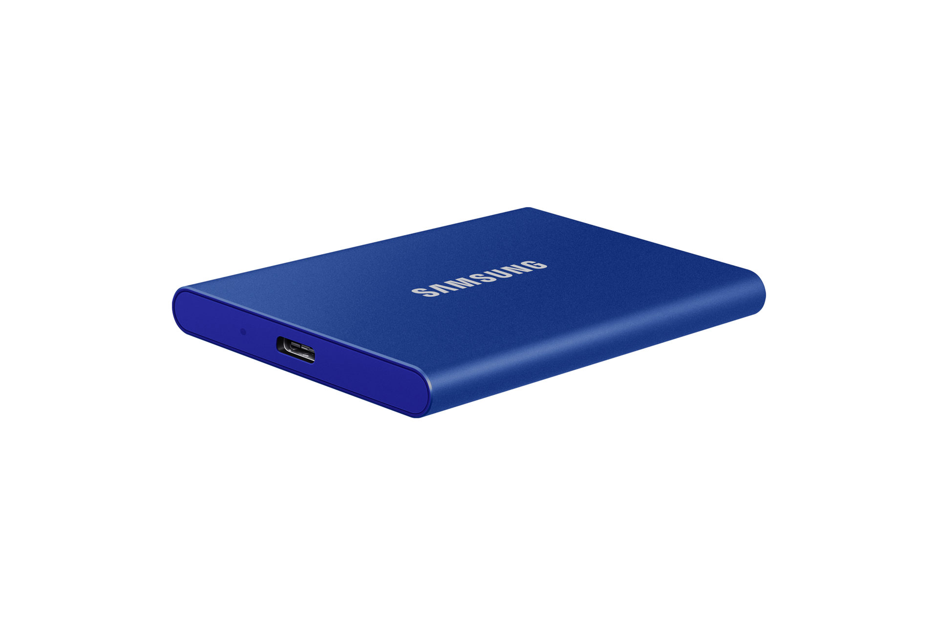 외장 SSD T7 USB 3.2 Gen 2 1 TB (인디고 블루) 제품 눕힌 상태의 오른쪽으로 돌린 이미지 정면 컷