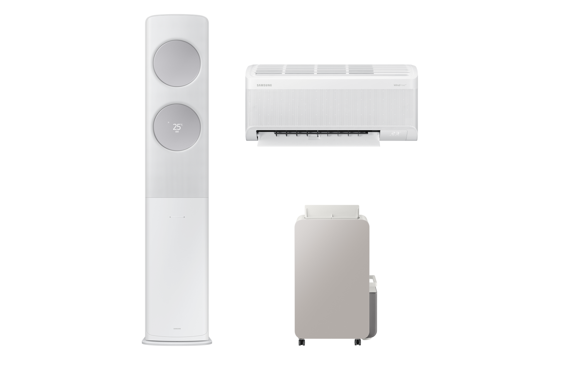 Bespoke AI 무풍 클래식 56.9/18.7㎡ (선매립)+인버터 제습기 18L 전원이 켜져 있는 좌측 스탠드 에어컨 정면 우측 상단 벽걸이 에어컨 정면 우측 하단 제습기 정면
