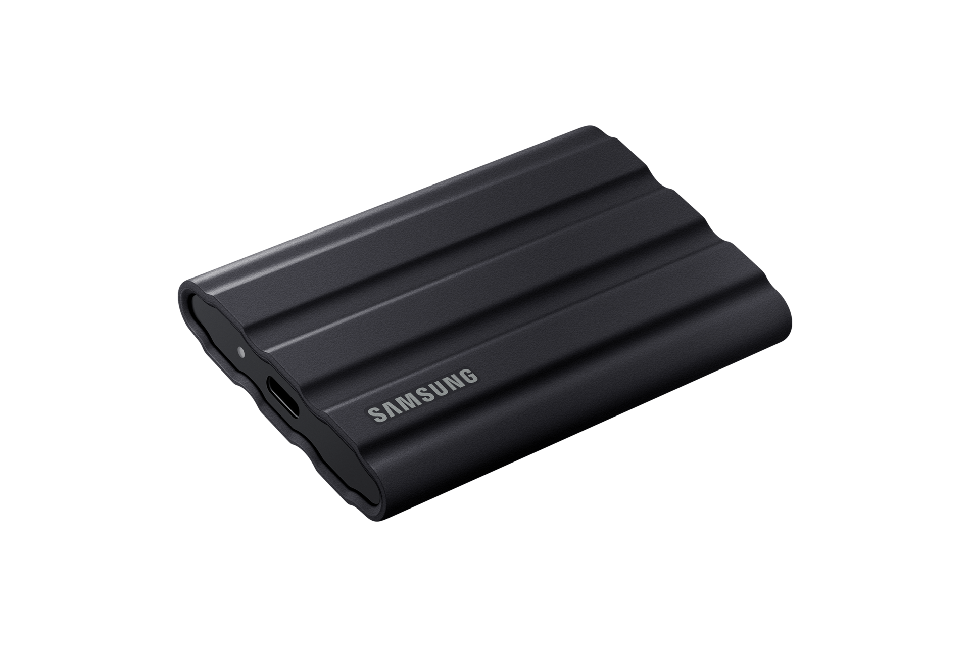 외장 SSD T7 Shield USB 3.2 Gen 2 2 TB 블랙 제품 눕혀져 있는 모습 뒷쪽 45도