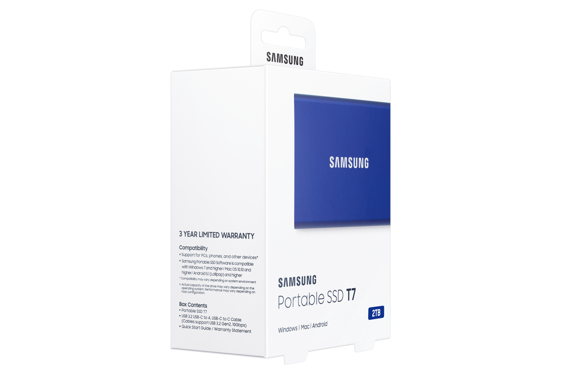 포터블 SSD T7 USB 3.2 Gen 2 2 TB (인디고 블루)제품 패키지 우측으로 돌린 이미지