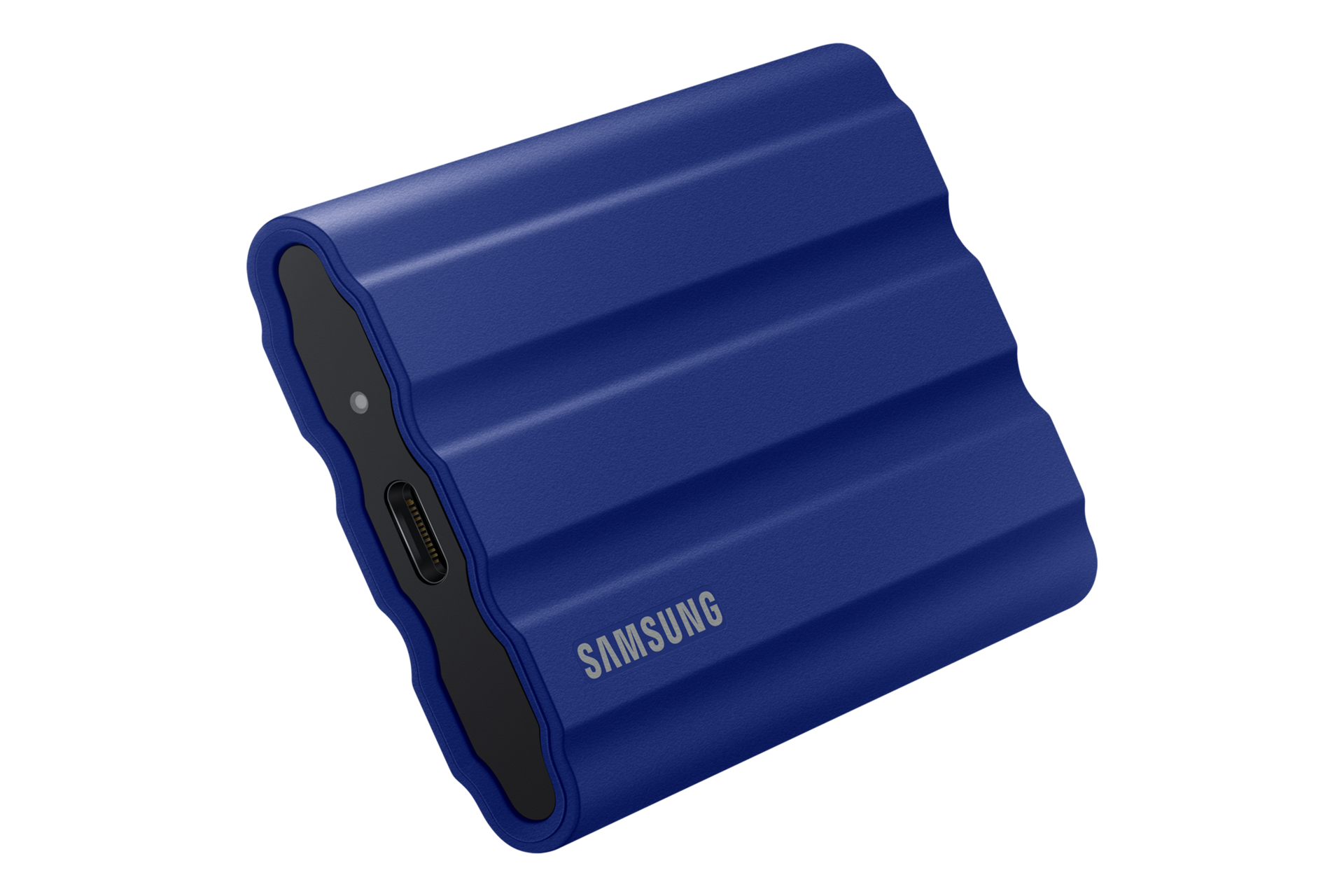 외장 SSD T7 Shield USB 3.2 Gen 2 1 TB (블루) 제품 세워져 있는 모습 왼쪽 30도에서 바라본 이미지